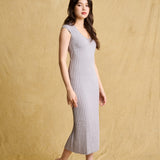 hello ronron | Catherine Dress Silver Gray | V neck bustier waist tie pleated knit dress | DR047-SGRY