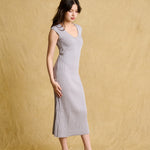 hello ronron | Catherine Dress Silver Gray | V neck bustier waist tie pleated knit dress | DR047-SGRY