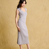 hello ronron | Catherine Dress Silver Gray | V neck bustier waist tie pleated knit dress | DR047-SGRY