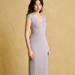 hello ronron | Catherine Dress Silver Gray | V neck bustier waist tie pleated knit dress | DR047-SGRY