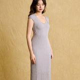 hello ronron | Catherine Dress Silver Gray | V neck bustier waist tie pleated knit dress | DR047-SGRY