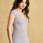 hello ronron | Catherine Dress Silver Gray | V neck bustier waist tie pleated knit dress | DR047-SGRY