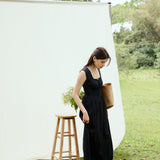 hello ronron | Dorothy Dress Blueberry | Square Neck Tie-Detail Cinch-waist Maxi Jersey Knit Dress