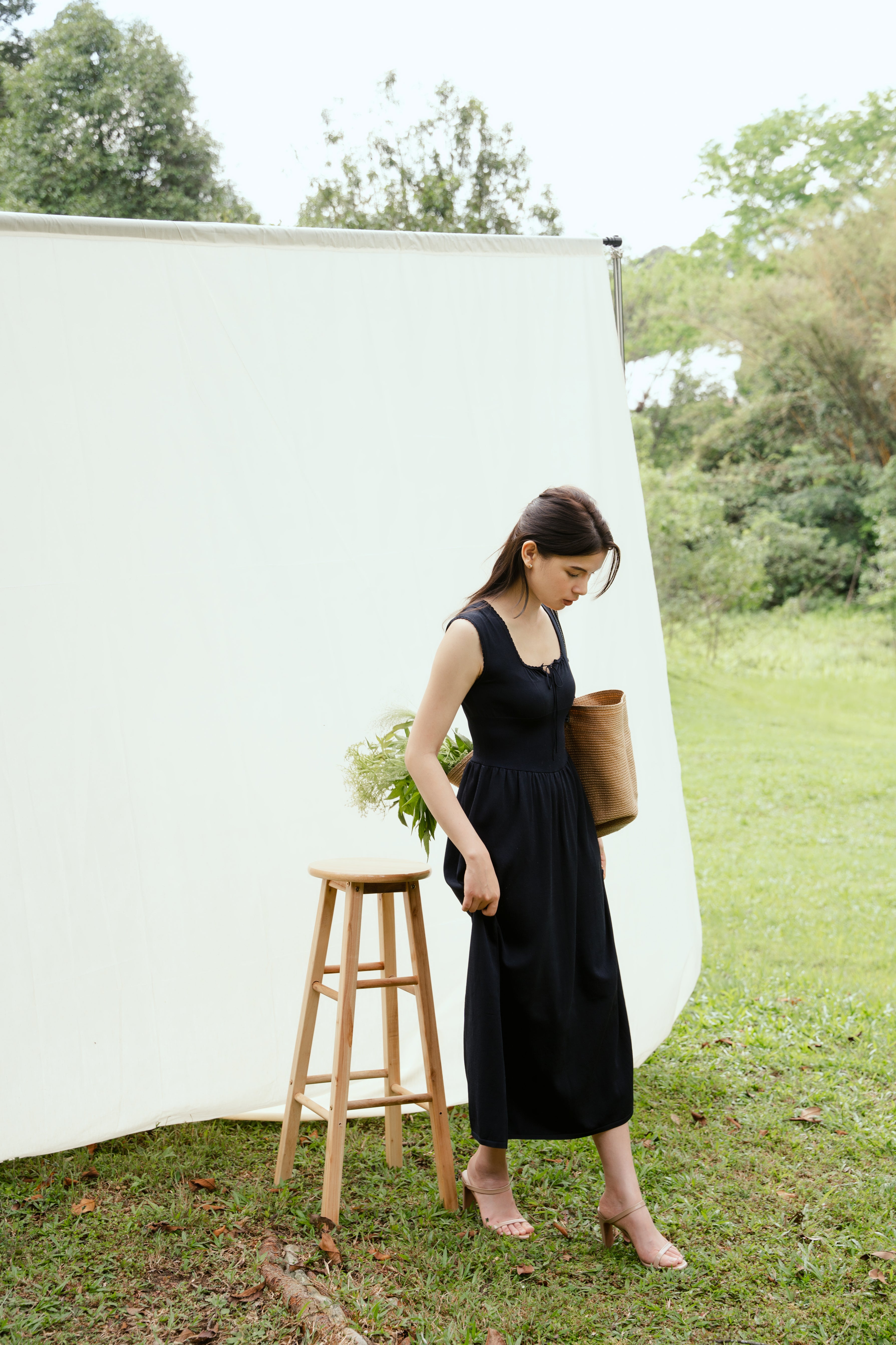 hello ronron | Dorothy Dress Blueberry | Square Neck Tie-Detail Cinch-waist Maxi Jersey Knit Dress