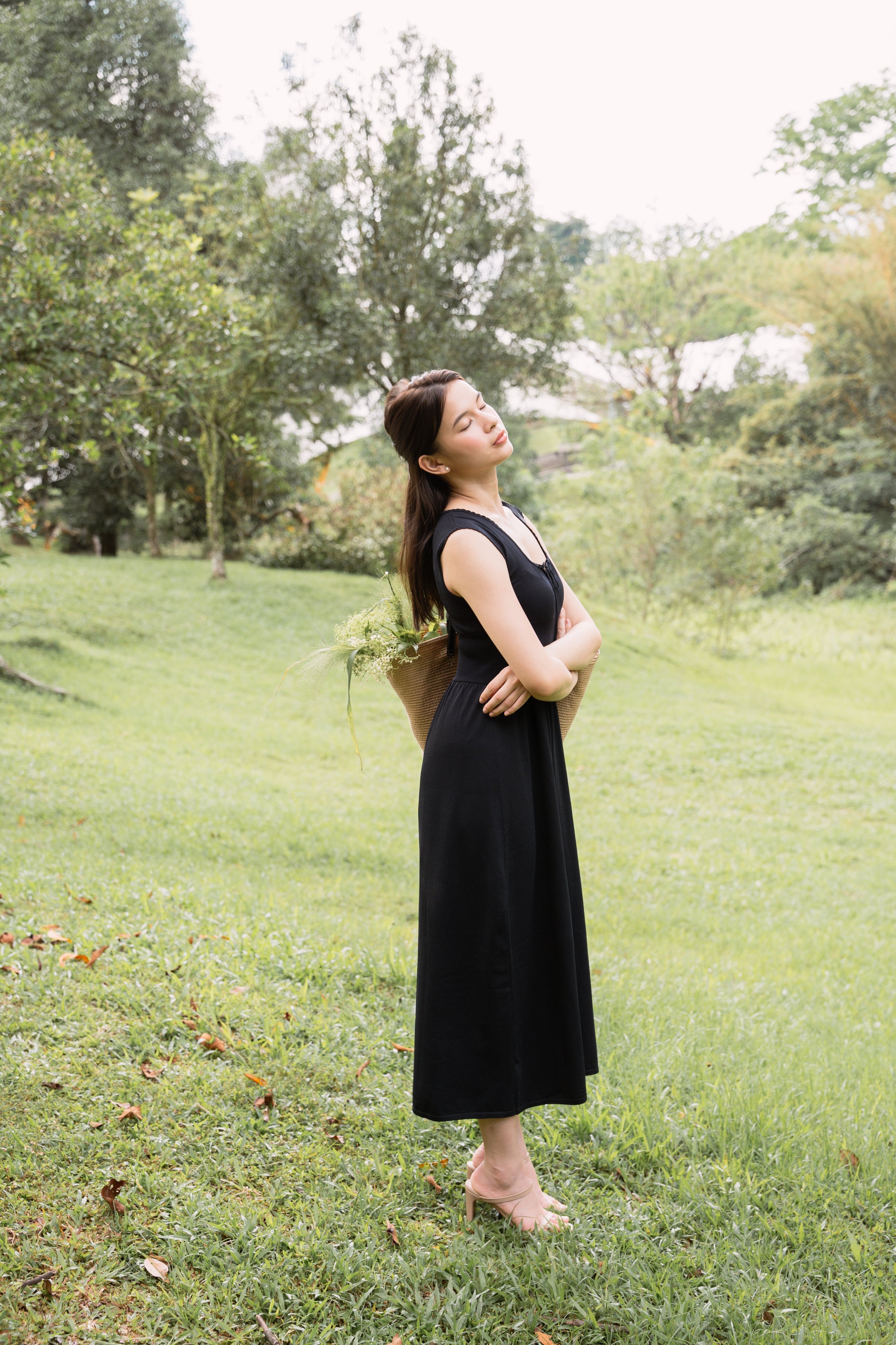 hello ronron | Dorothy Dress Blueberry | Square Neck Tie-Detail Cinch-waist Maxi Jersey Knit Dress