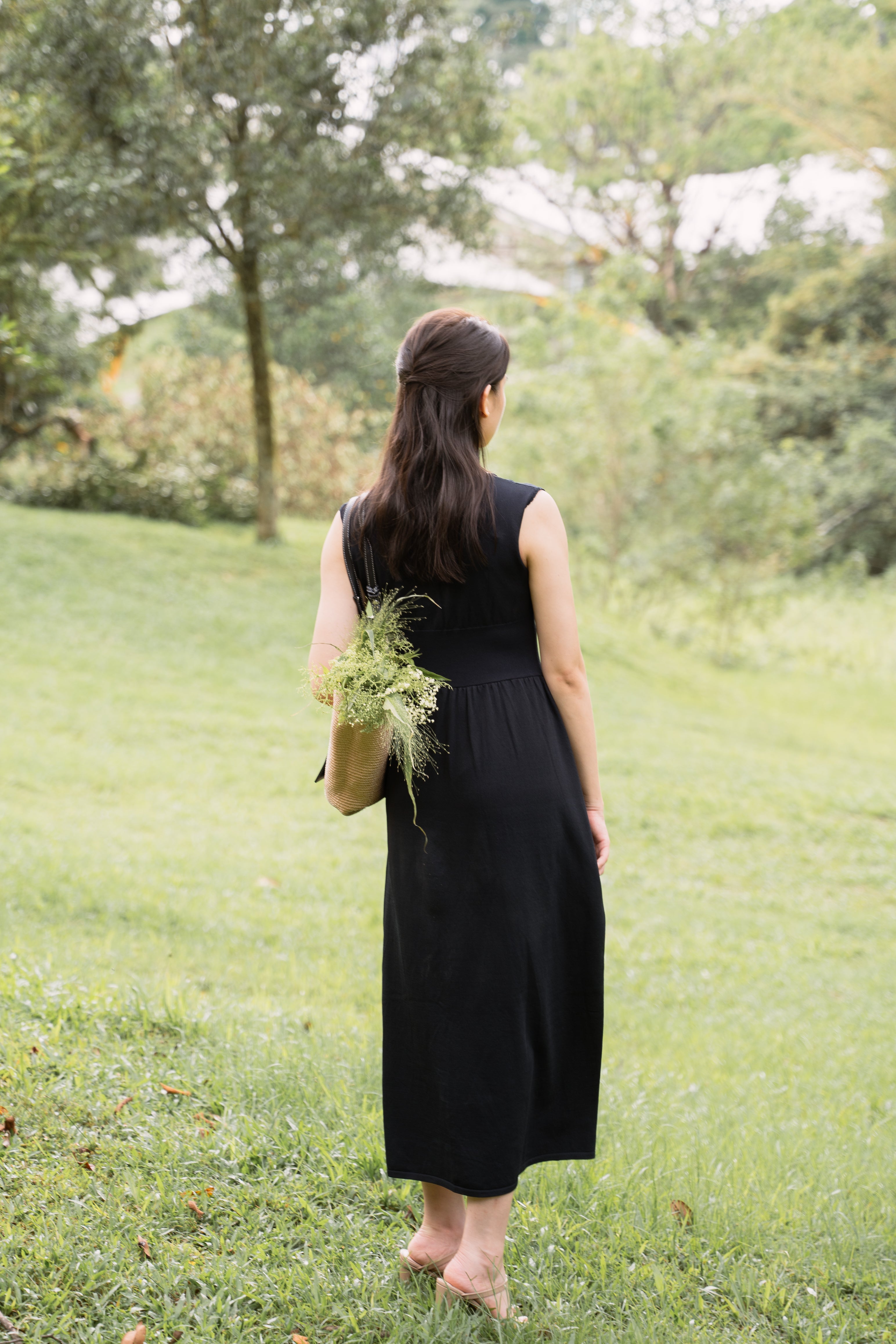 hello ronron | Dorothy Dress Blueberry | Square Neck Tie-Detail Cinch-waist Maxi Jersey Knit Dress