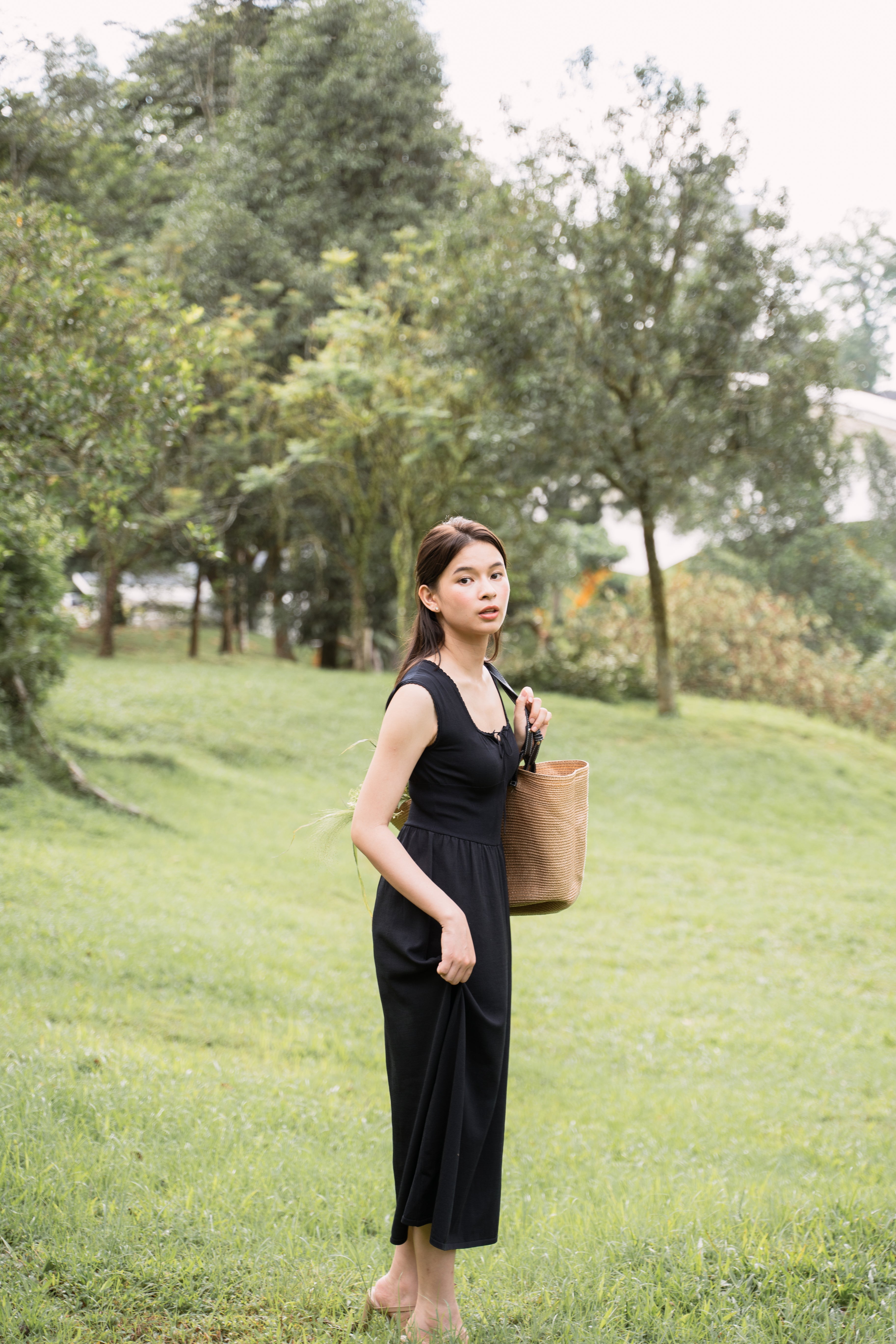 hello ronron | Dorothy Dress Blueberry | Square Neck Tie-Detail Cinch-waist Maxi Jersey Knit Dress