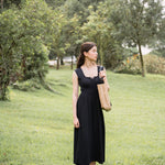 hello ronron | Dorothy Dress Blueberry | Square Neck Tie-Detail Cinch-waist Maxi Jersey Knit Dress