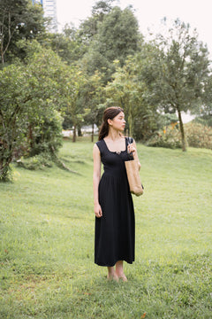 hello ronron | Dorothy Dress Blueberry | Square Neck Tie-Detail Cinch-waist Maxi Jersey Knit Dress