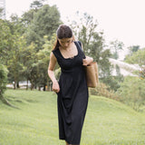 hello ronron | Dorothy Dress Blueberry | Square Neck Tie-Detail Cinch-waist Maxi Jersey Knit Dress