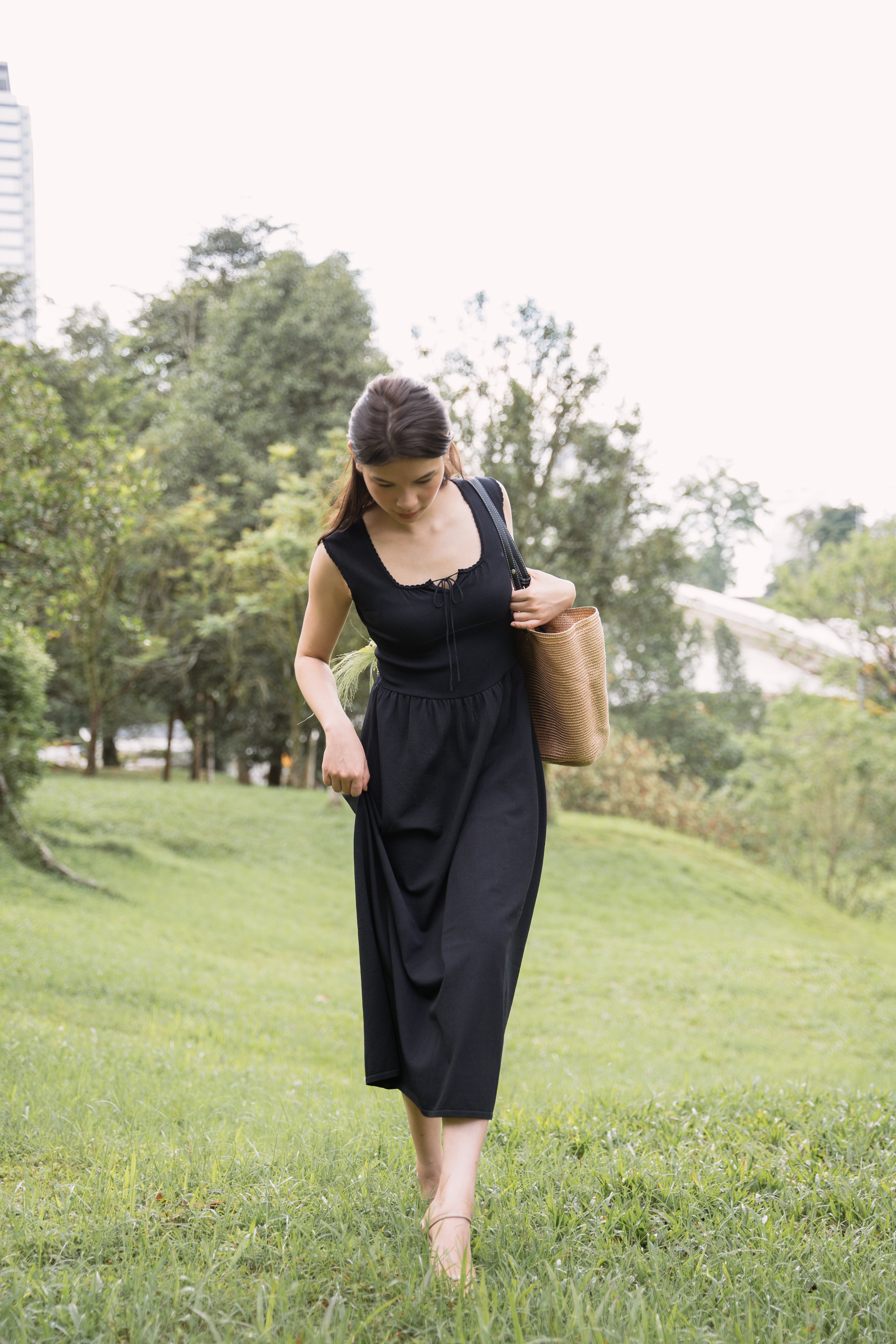 hello ronron | Dorothy Dress Blueberry | Square Neck Tie-Detail Cinch-waist Maxi Jersey Knit Dress