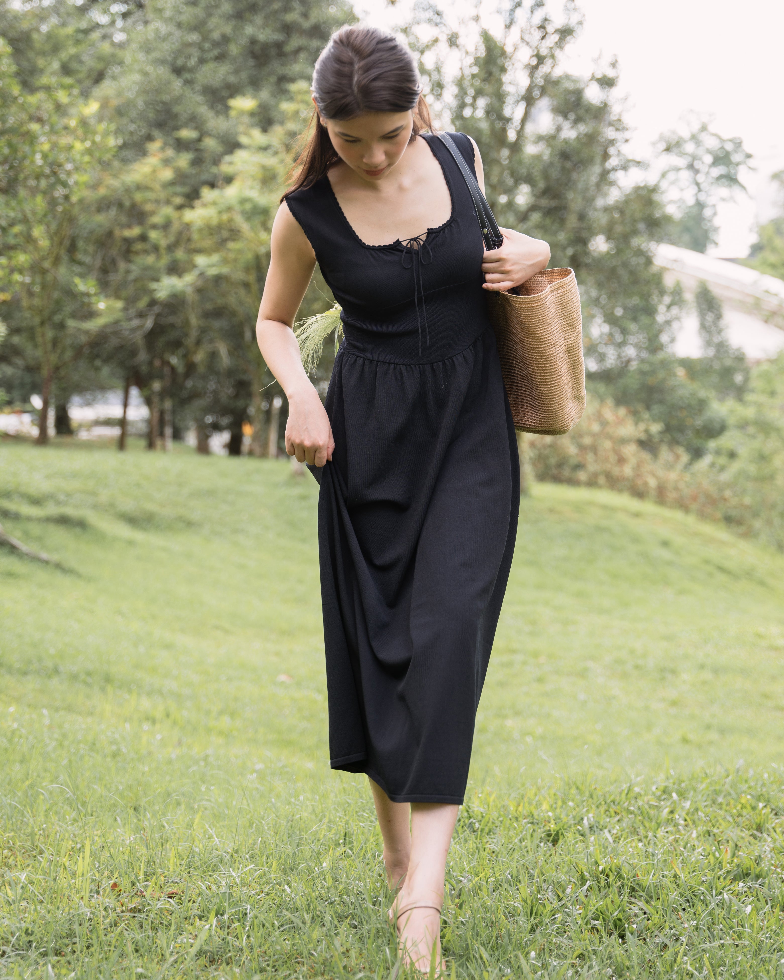 hello ronron | Dorothy Dress Blueberry | Square Neck Tie-Detail Cinch-waist Maxi Jersey Knit Dress