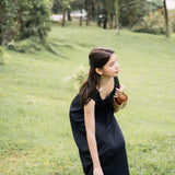 hello ronron | Dorothy Dress Blueberry | Square Neck Tie-Detail Cinch-waist Maxi Jersey Knit Dress