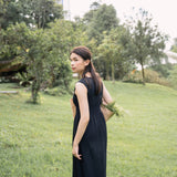 hello ronron | Dorothy Dress Blueberry | Square Neck Tie-Detail Cinch-waist Maxi Jersey Knit Dress