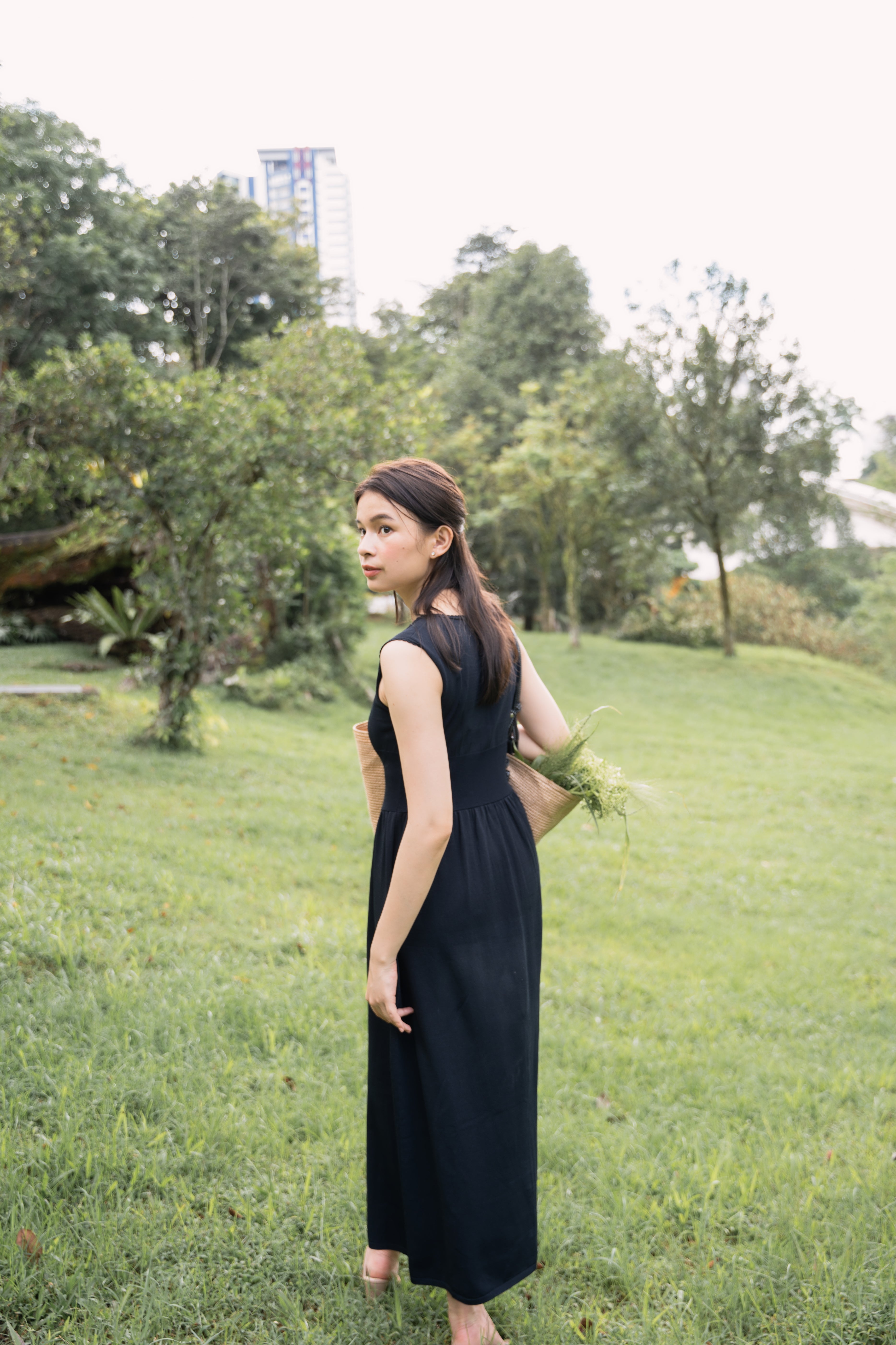 hello ronron | Dorothy Dress Blueberry | Square Neck Tie-Detail Cinch-waist Maxi Jersey Knit Dress