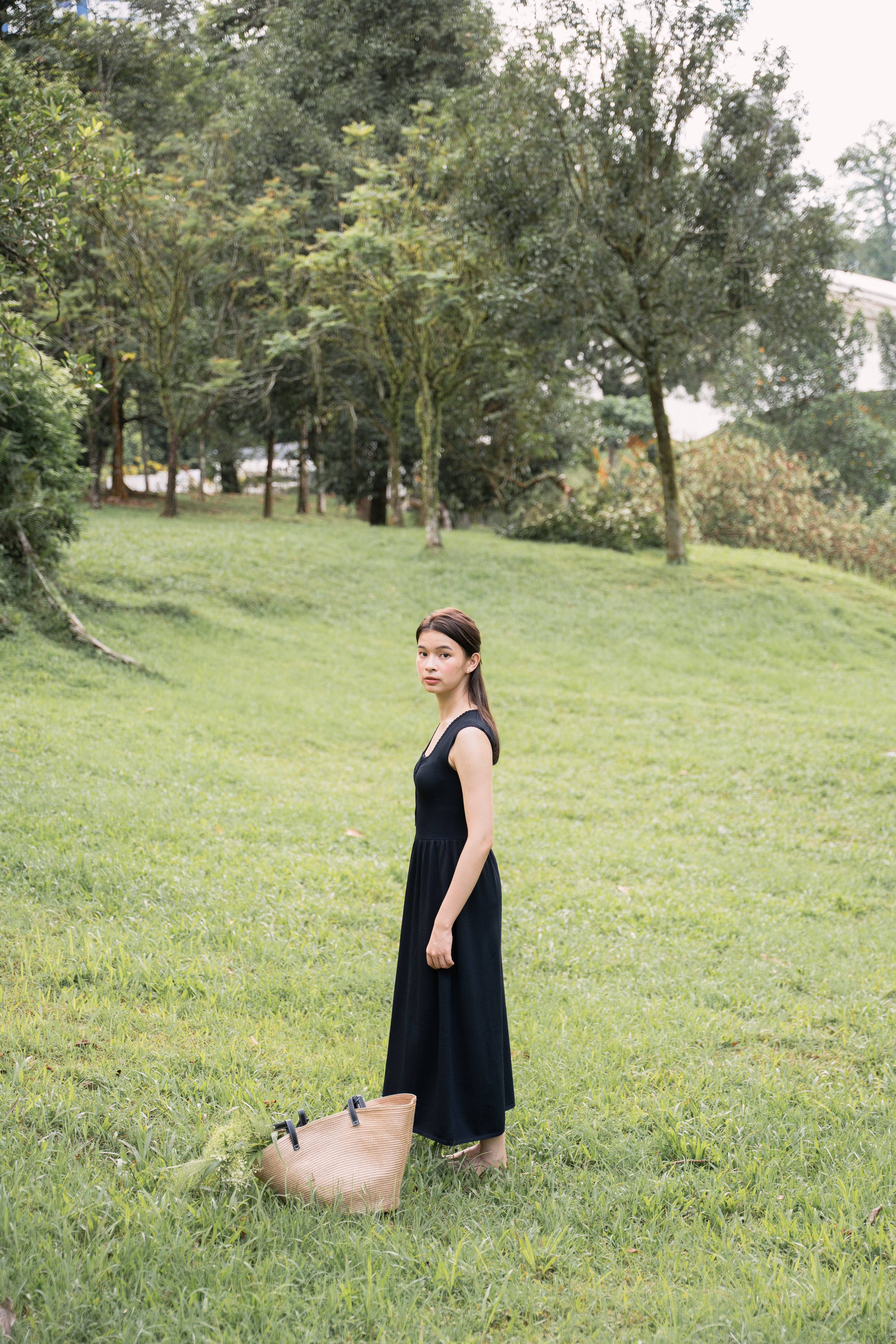 hello ronron | Dorothy Dress Blueberry | Square Neck Tie-Detail Cinch-waist Maxi Jersey Knit Dress