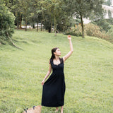 hello ronron | Dorothy Dress Blueberry | Square Neck Tie-Detail Cinch-waist Maxi Jersey Knit Dress