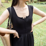 hello ronron | Dorothy Dress Blueberry | Square Neck Tie-Detail Cinch-waist Maxi Jersey Knit Dress
