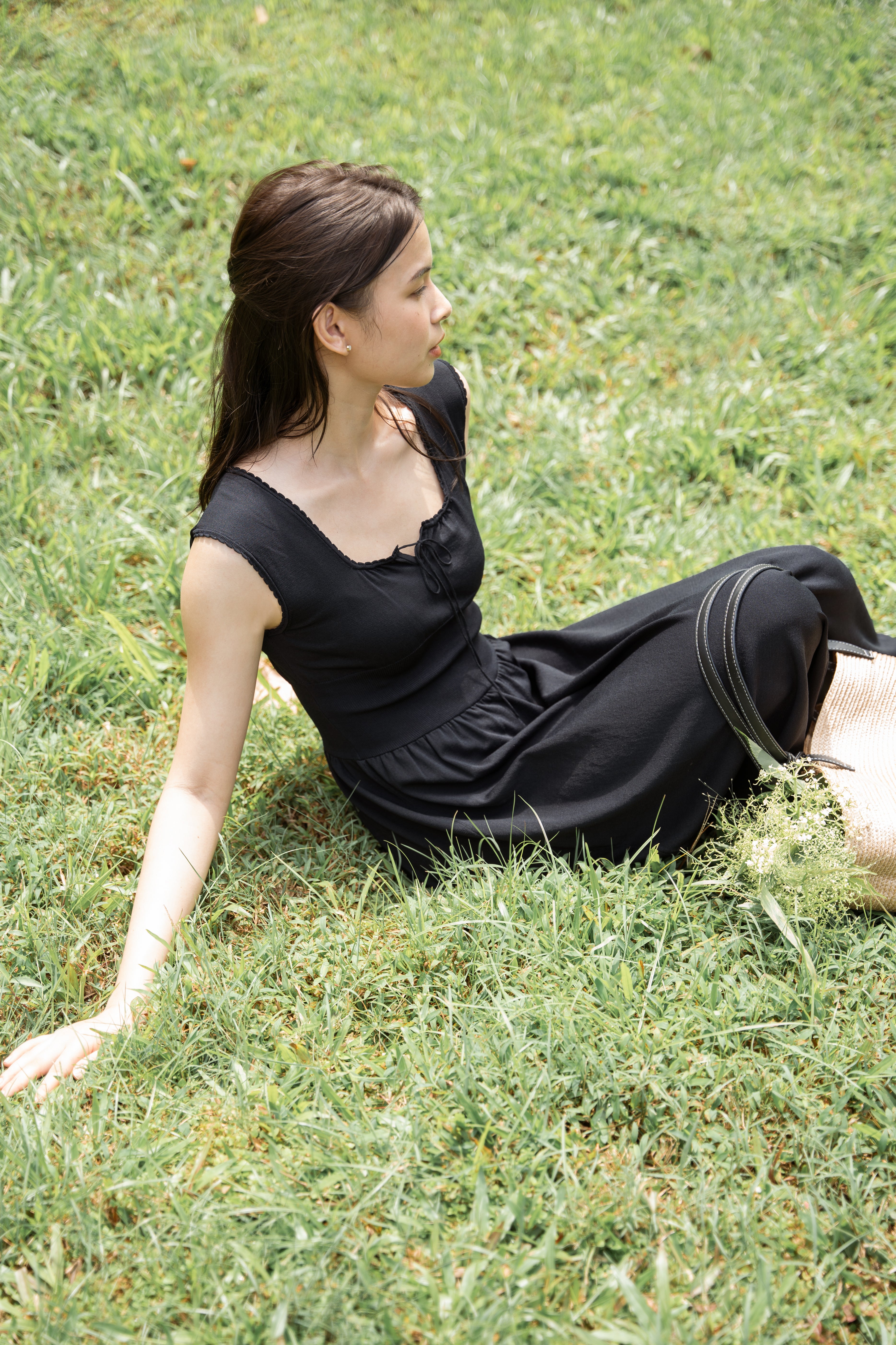 hello ronron | Dorothy Dress Blueberry | Square Neck Tie-Detail Cinch-waist Maxi Jersey Knit Dress