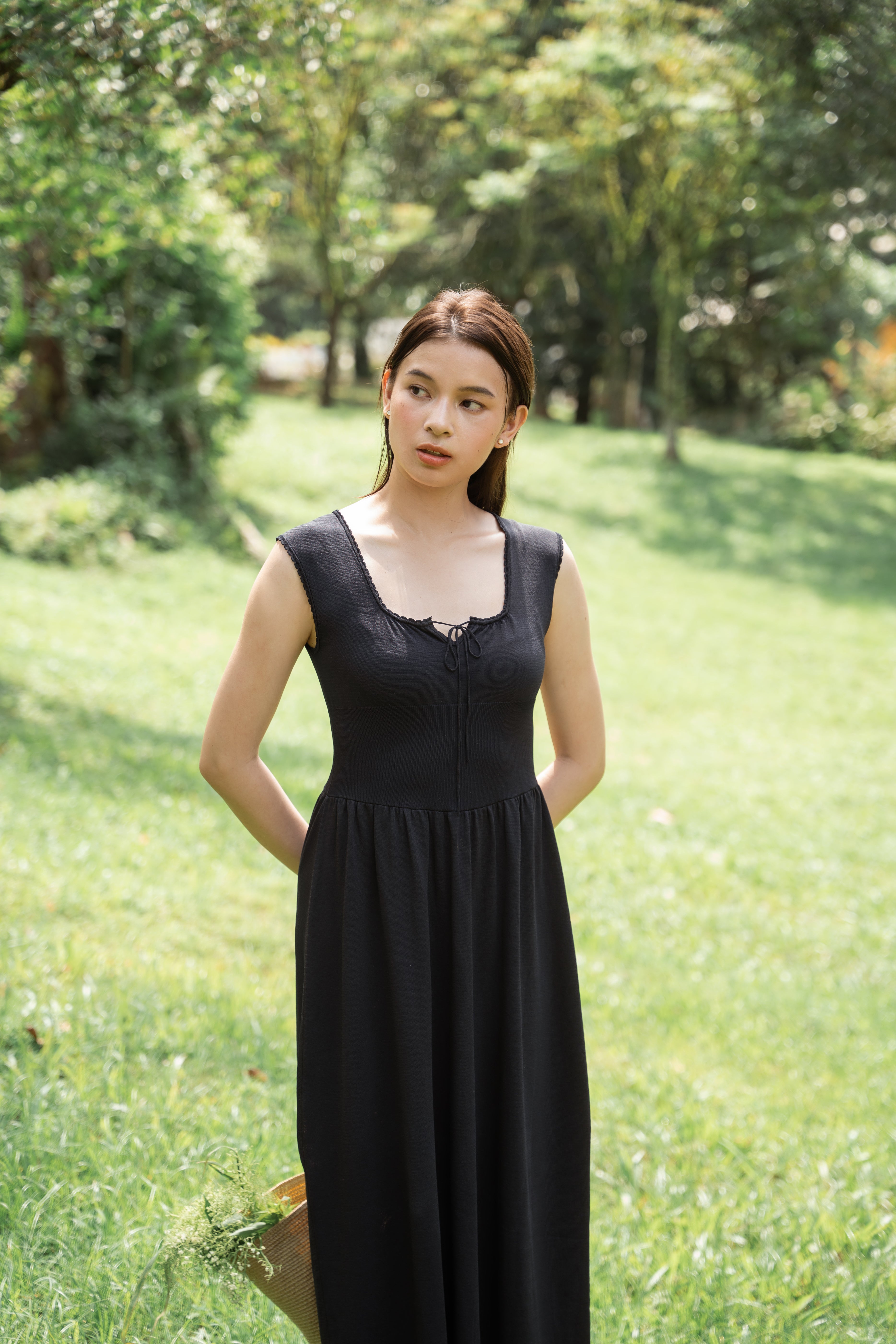 hello ronron | Dorothy Dress Blueberry | Square Neck Tie-Detail Cinch-waist Maxi Jersey Knit Dress