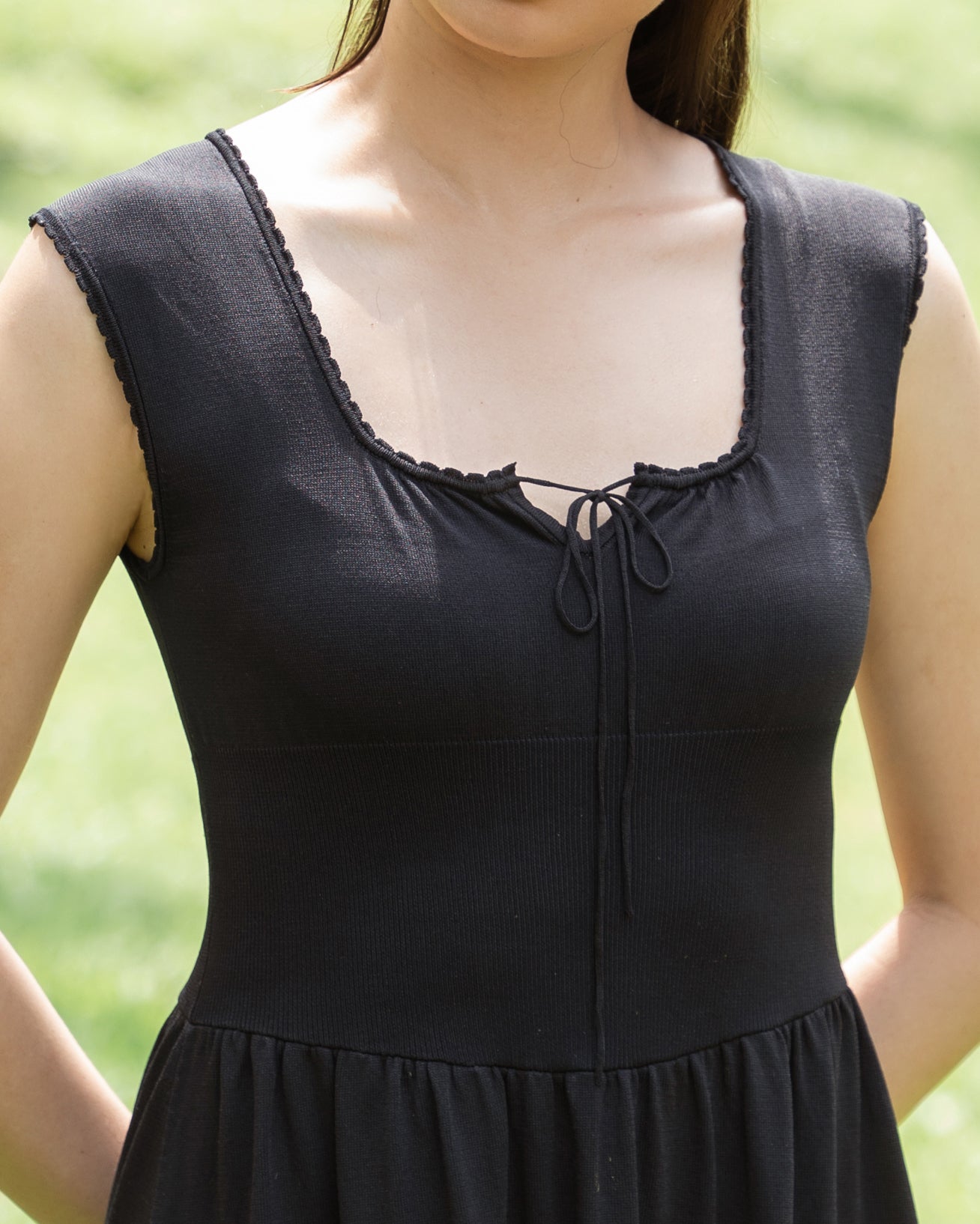 hello ronron | Dorothy Dress Blueberry | Square Neck Tie-Detail Cinch-waist Maxi Jersey Knit Dress