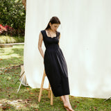 hello ronron | Dorothy Dress Blueberry | Square Neck Tie-Detail Cinch-waist Maxi Jersey Knit Dress