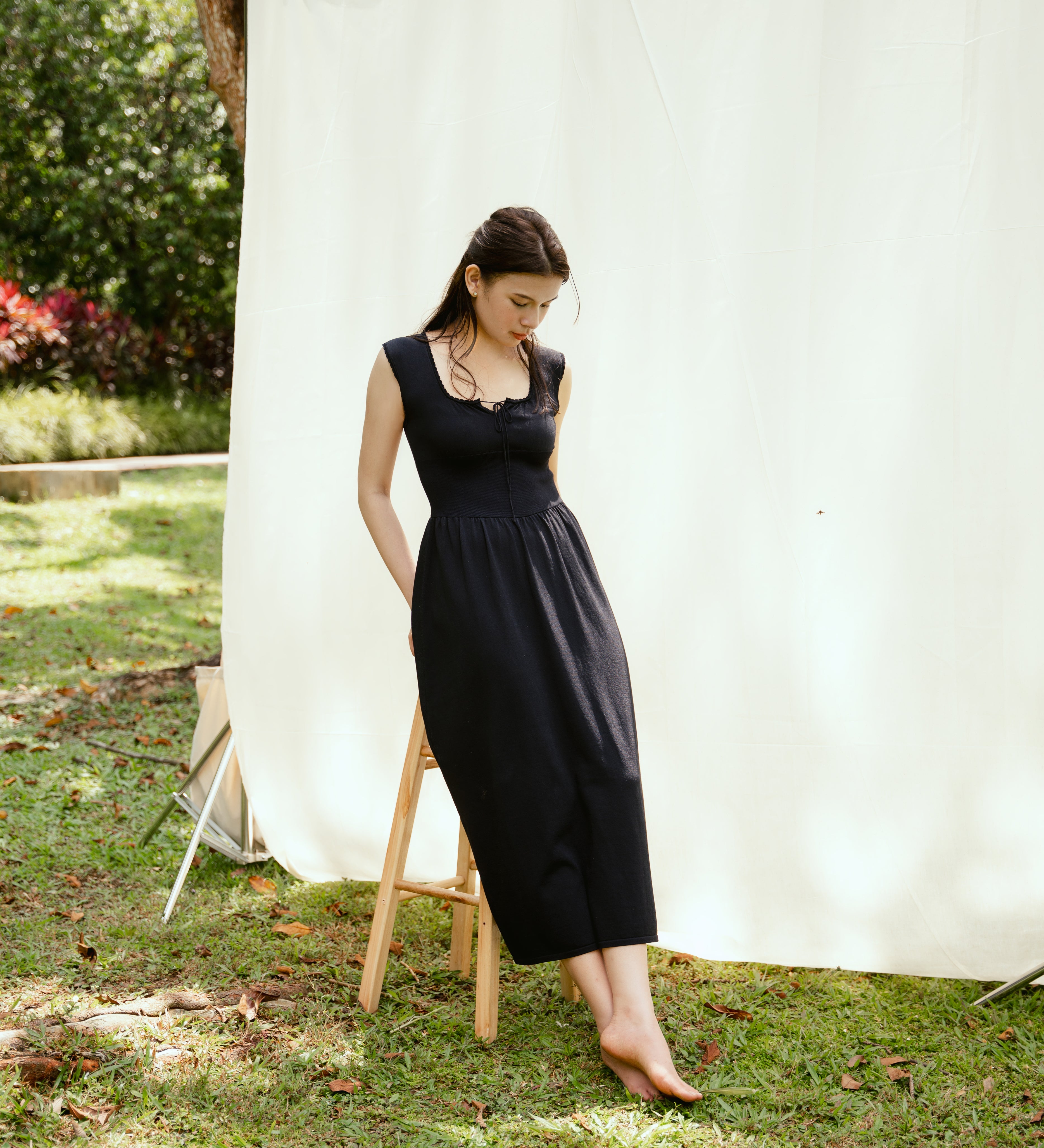 hello ronron | Dorothy Dress Blueberry | Square Neck Tie-Detail Cinch-waist Maxi Jersey Knit Dress