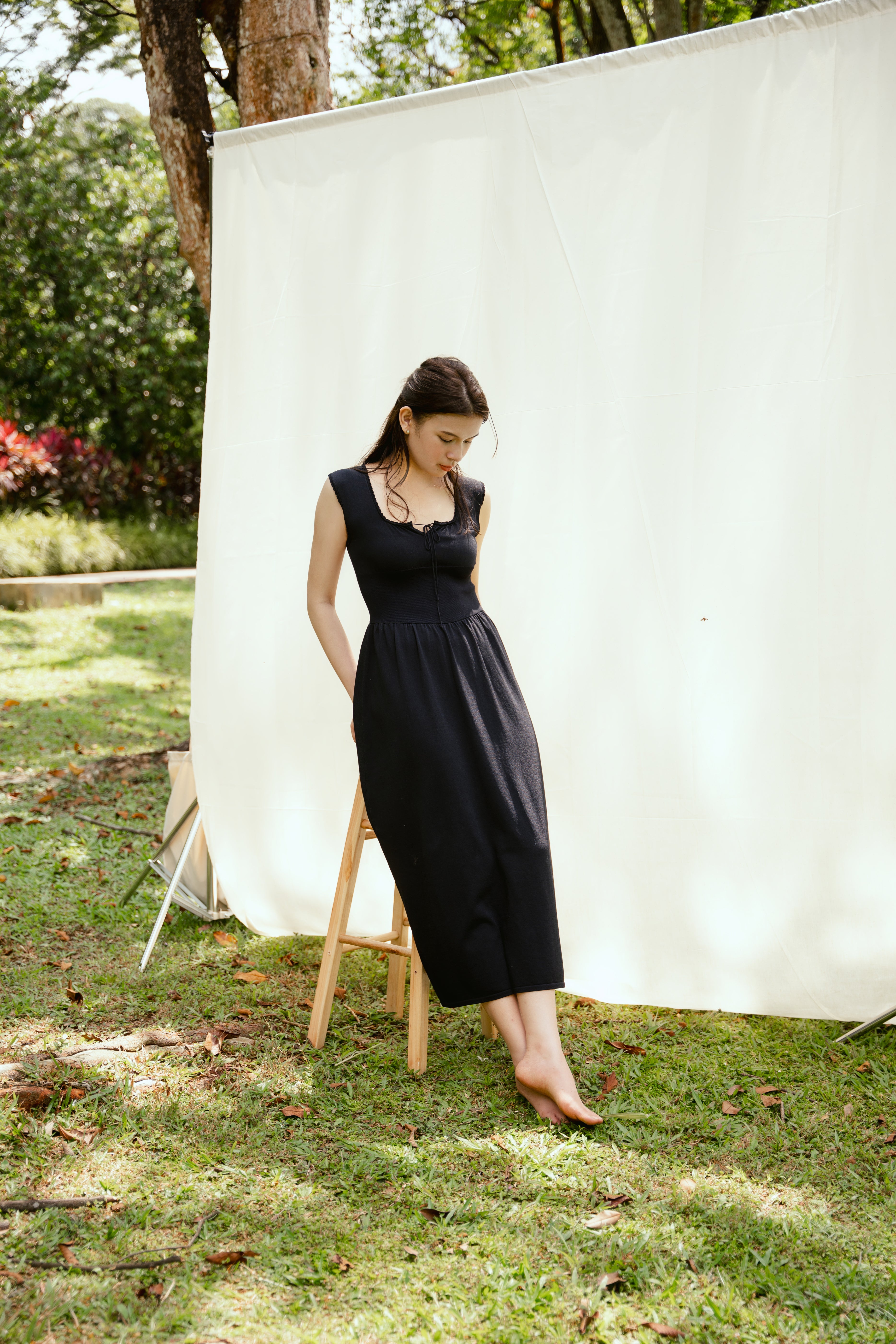 hello ronron | Dorothy Dress Blueberry | Square Neck Tie-Detail Cinch-waist Maxi Jersey Knit Dress