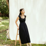 hello ronron | Dorothy Dress Blueberry | Square Neck Tie-Detail Cinch-waist Maxi Jersey Knit Dress