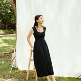 hello ronron | Dorothy Dress Blueberry | Square Neck Tie-Detail Cinch-waist Maxi Jersey Knit Dress