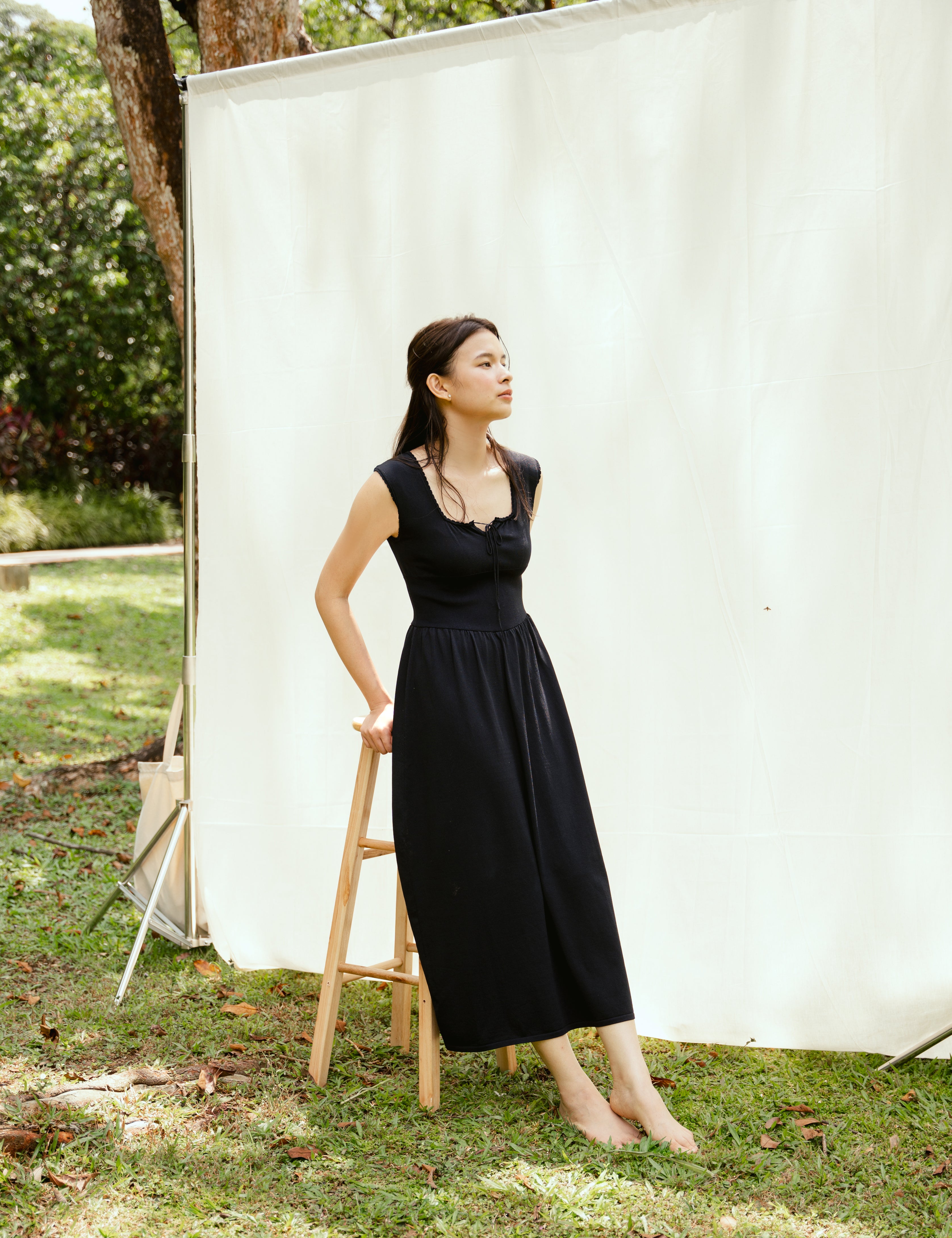 hello ronron | Dorothy Dress Blueberry | Square Neck Tie-Detail Cinch-waist Maxi Jersey Knit Dress