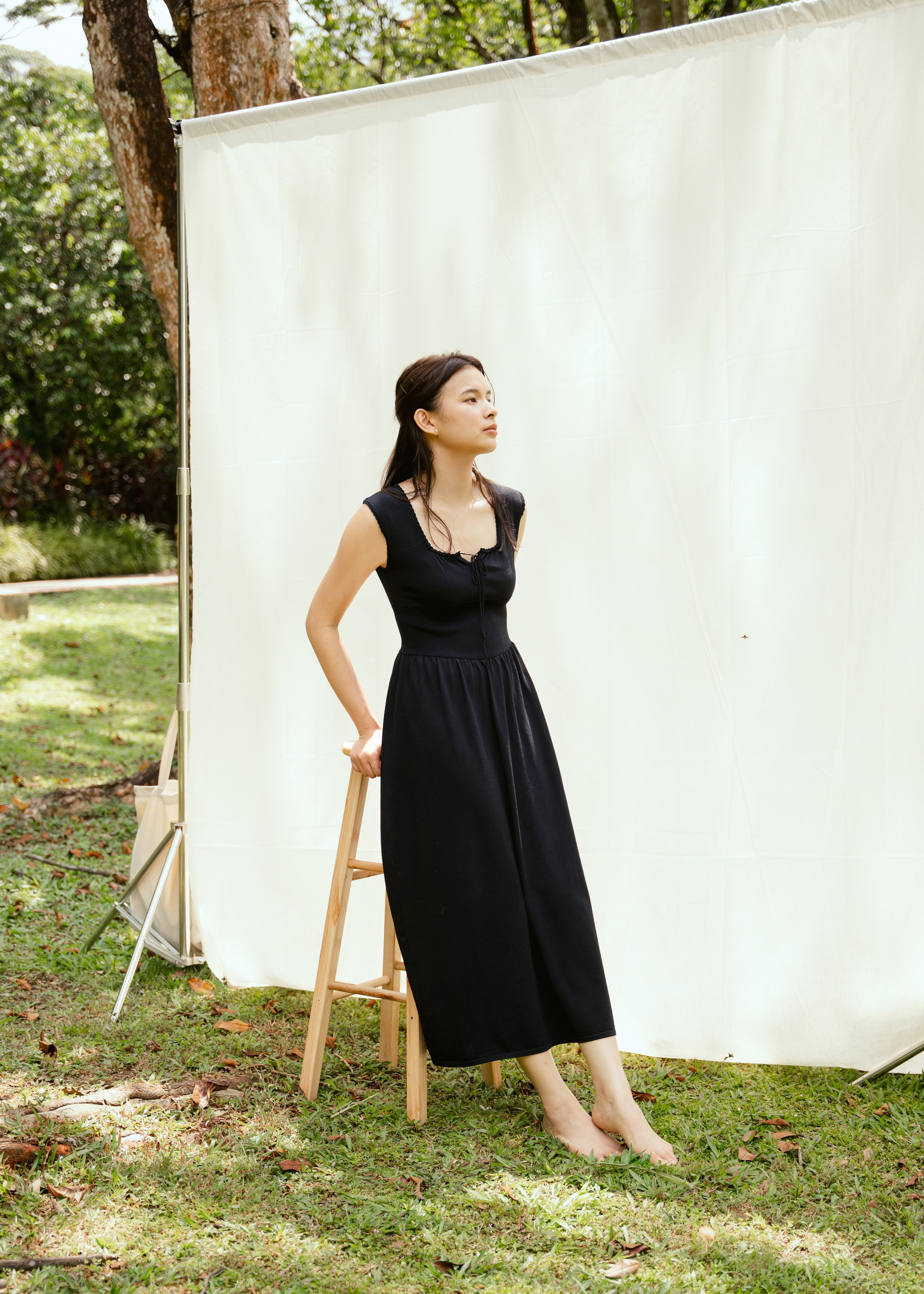 hello ronron | Dorothy Dress Blueberry | Square Neck Tie-Detail Cinch-waist Maxi Jersey Knit Dress