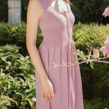 hello ronron | Dorothy Dress Mauve | Square Neck Tie-Detail Cinch-waist Maxi Jersey Knit Dress