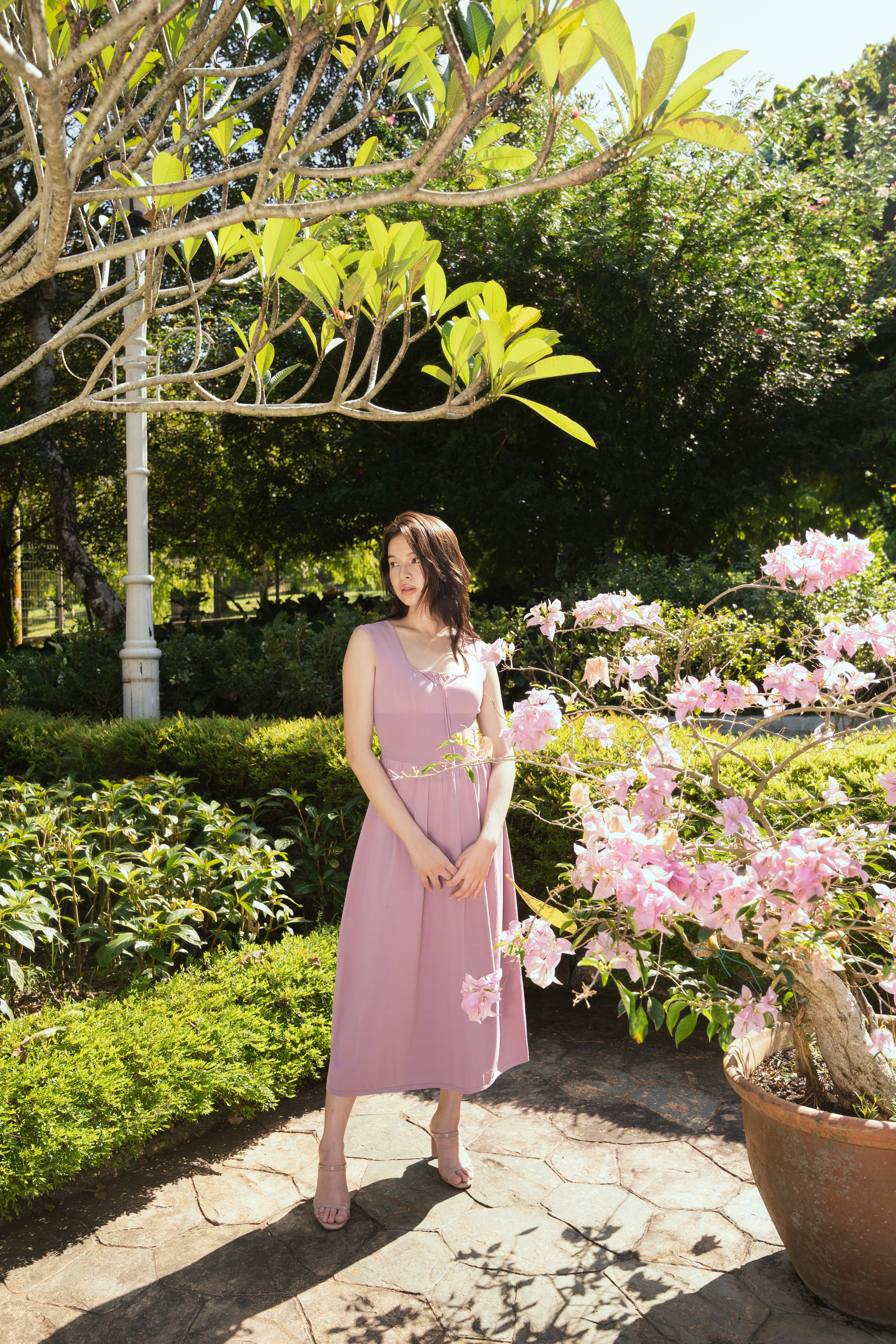 hello ronron | Dorothy Dress Mauve | Square Neck Tie-Detail Cinch-waist Maxi Jersey Knit Dress