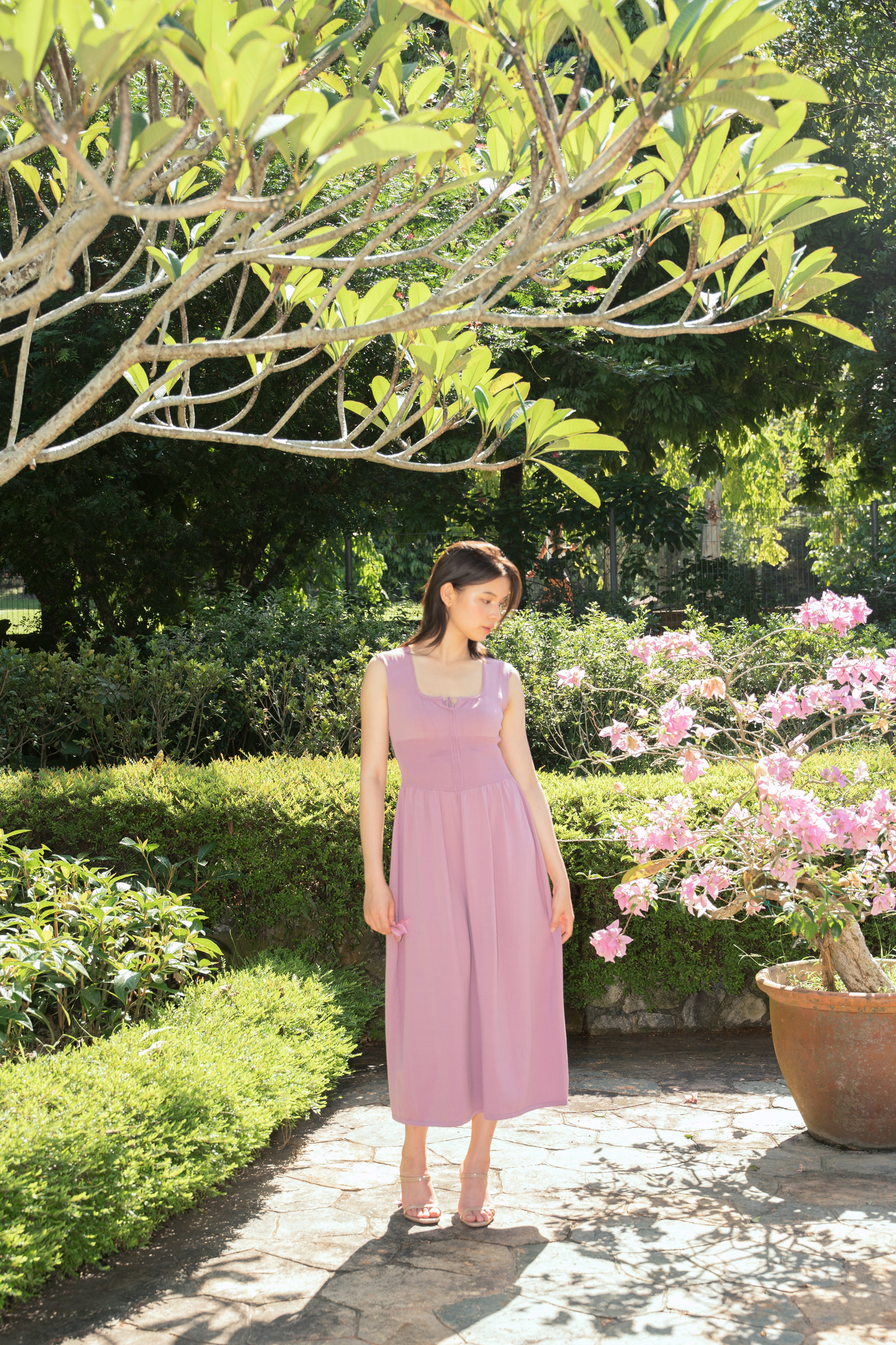 hello ronron | Dorothy Dress Mauve | Square Neck Tie-Detail Cinch-waist Maxi Jersey Knit Dress