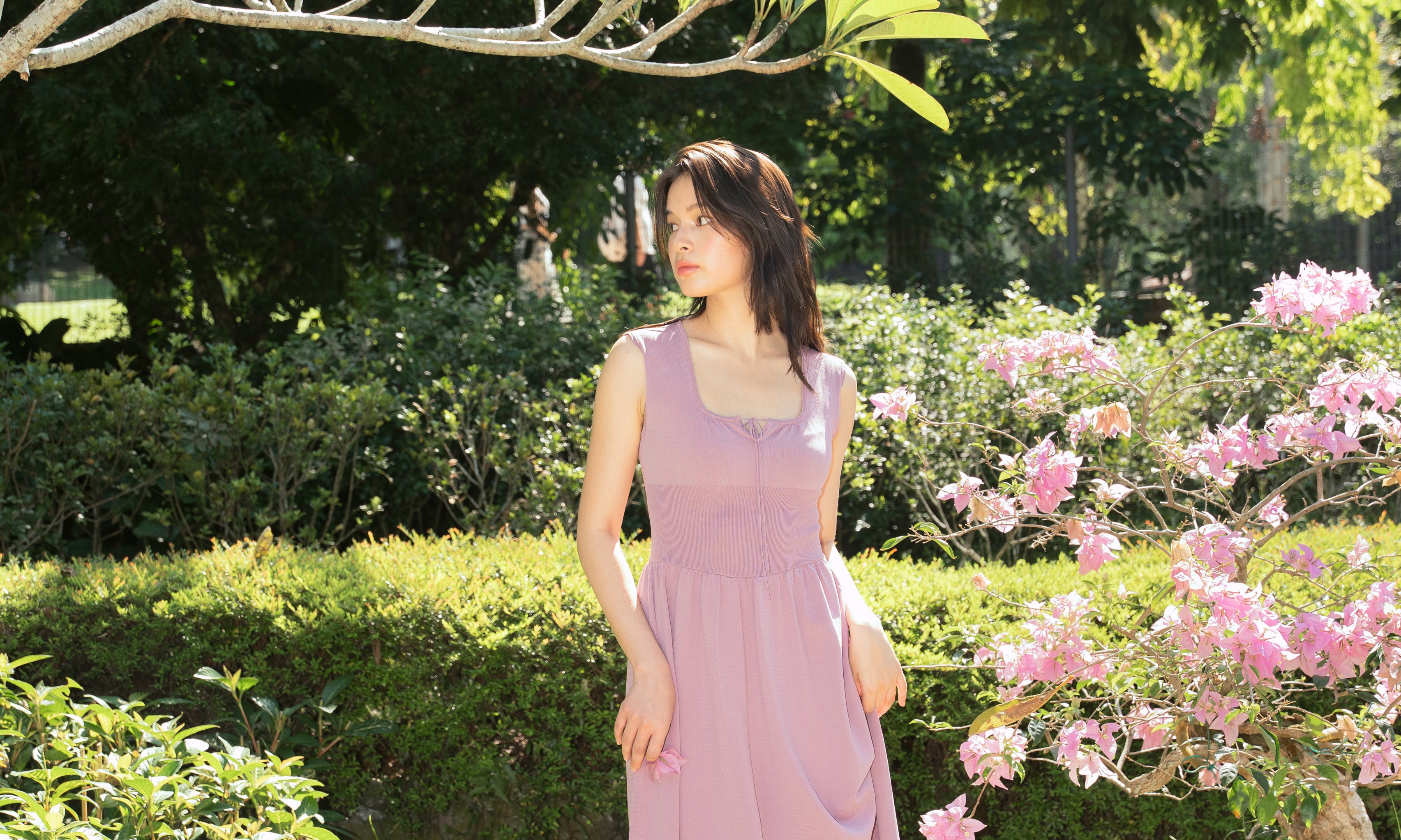 hello ronron | Dorothy Dress Mauve | Square Neck Tie-Detail Cinch-waist Maxi Jersey Knit Dress