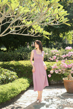 hello ronron | Dorothy Dress Mauve | Square Neck Tie-Detail Cinch-waist Maxi Jersey Knit Dress