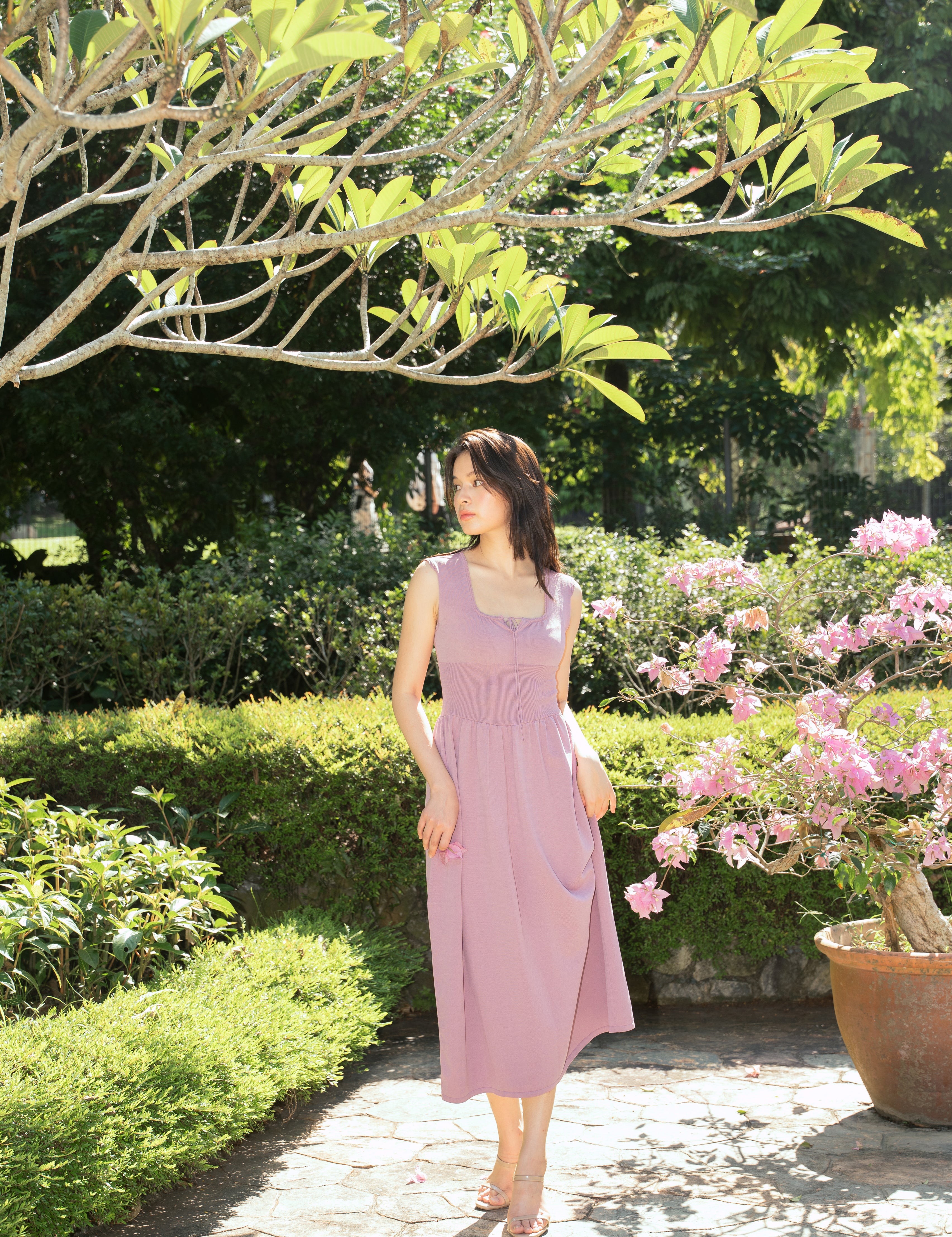 hello ronron | Dorothy Dress Mauve | Square Neck Tie-Detail Cinch-waist Maxi Jersey Knit Dress