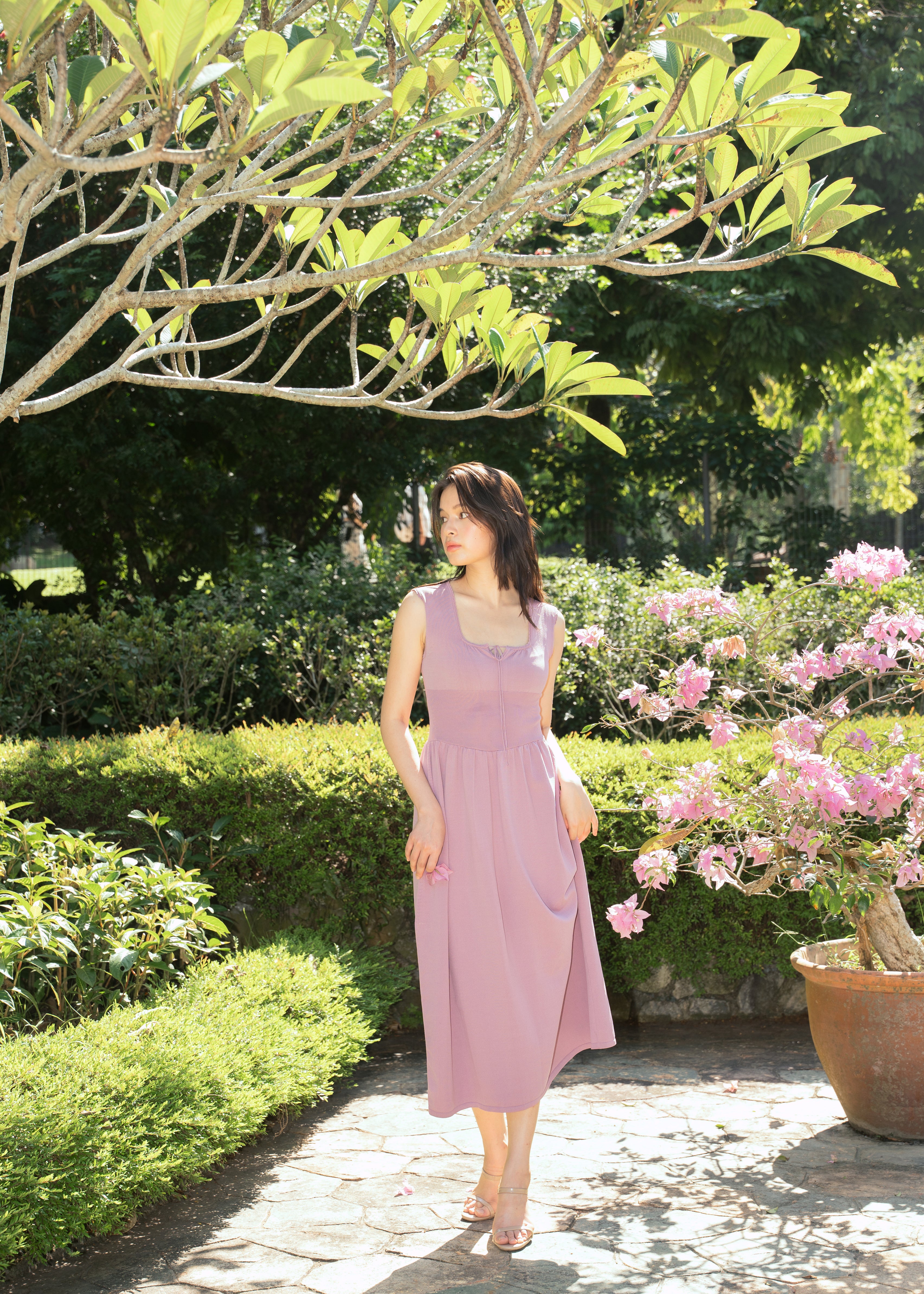 hello ronron | Dorothy Dress Mauve | Square Neck Tie-Detail Cinch-waist Maxi Jersey Knit Dress