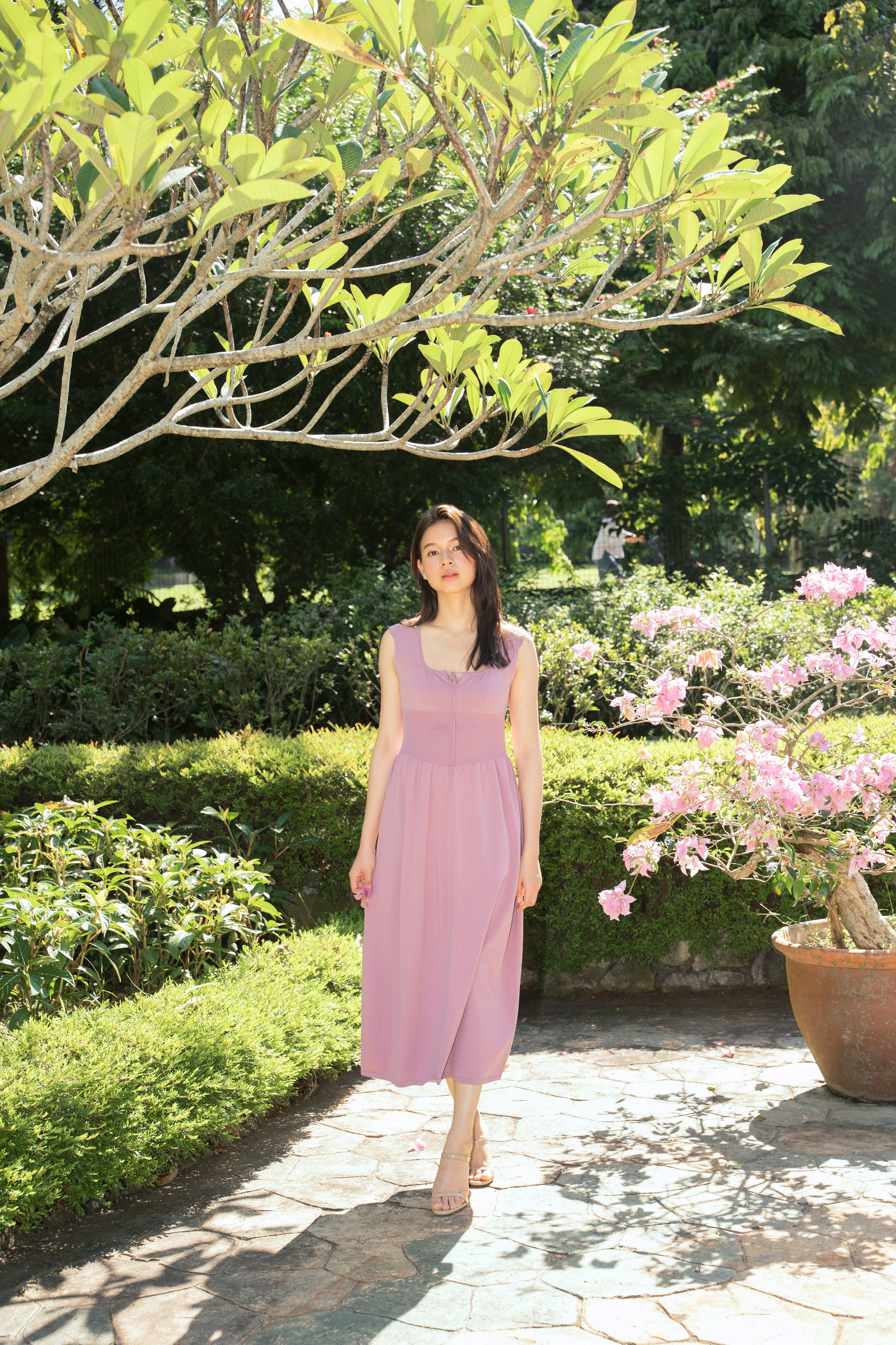 hello ronron | Dorothy Dress Mauve | Square Neck Tie-Detail Cinch-waist Maxi Jersey Knit Dress