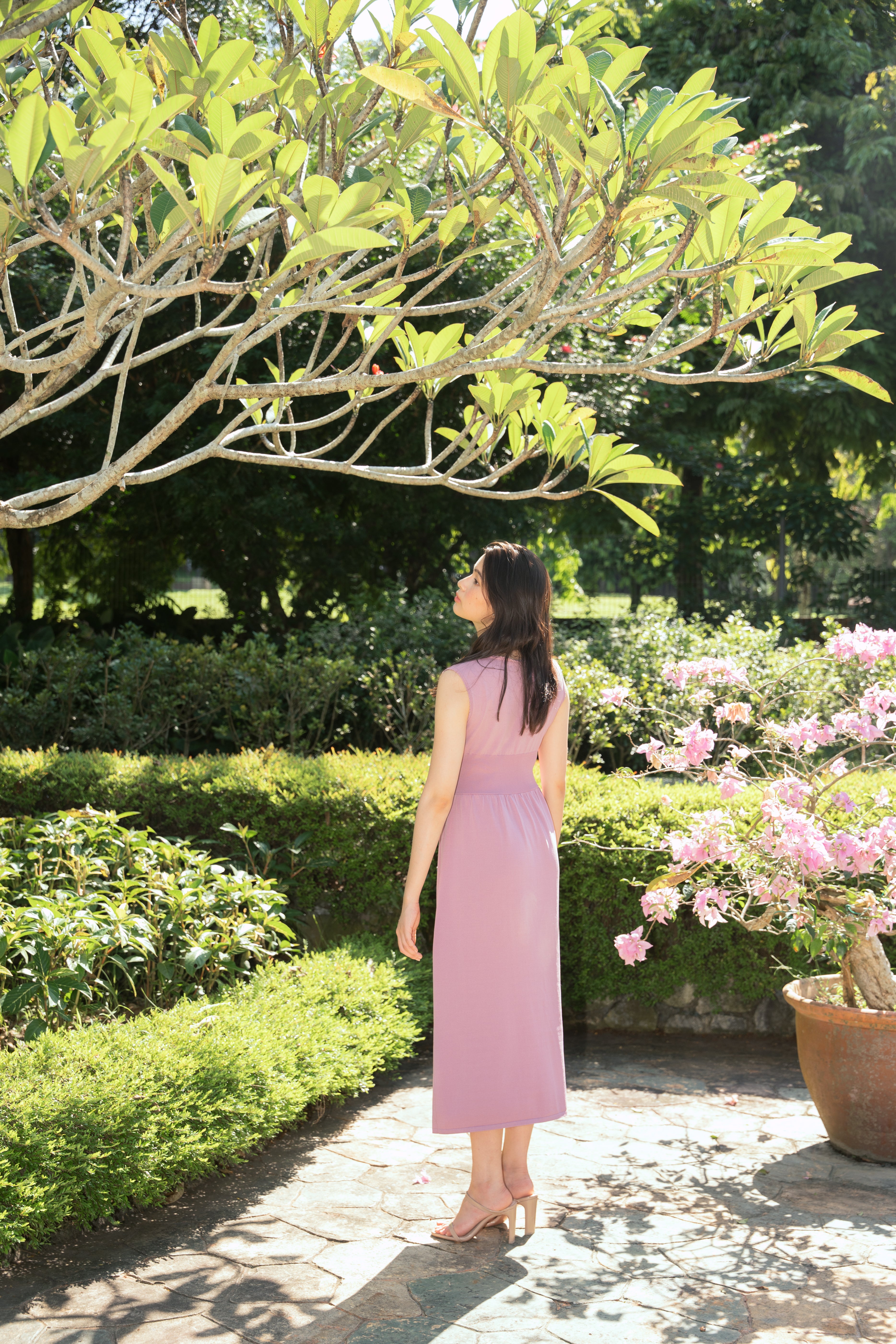 hello ronron | Dorothy Dress Mauve | Square Neck Tie-Detail Cinch-waist Maxi Jersey Knit Dress