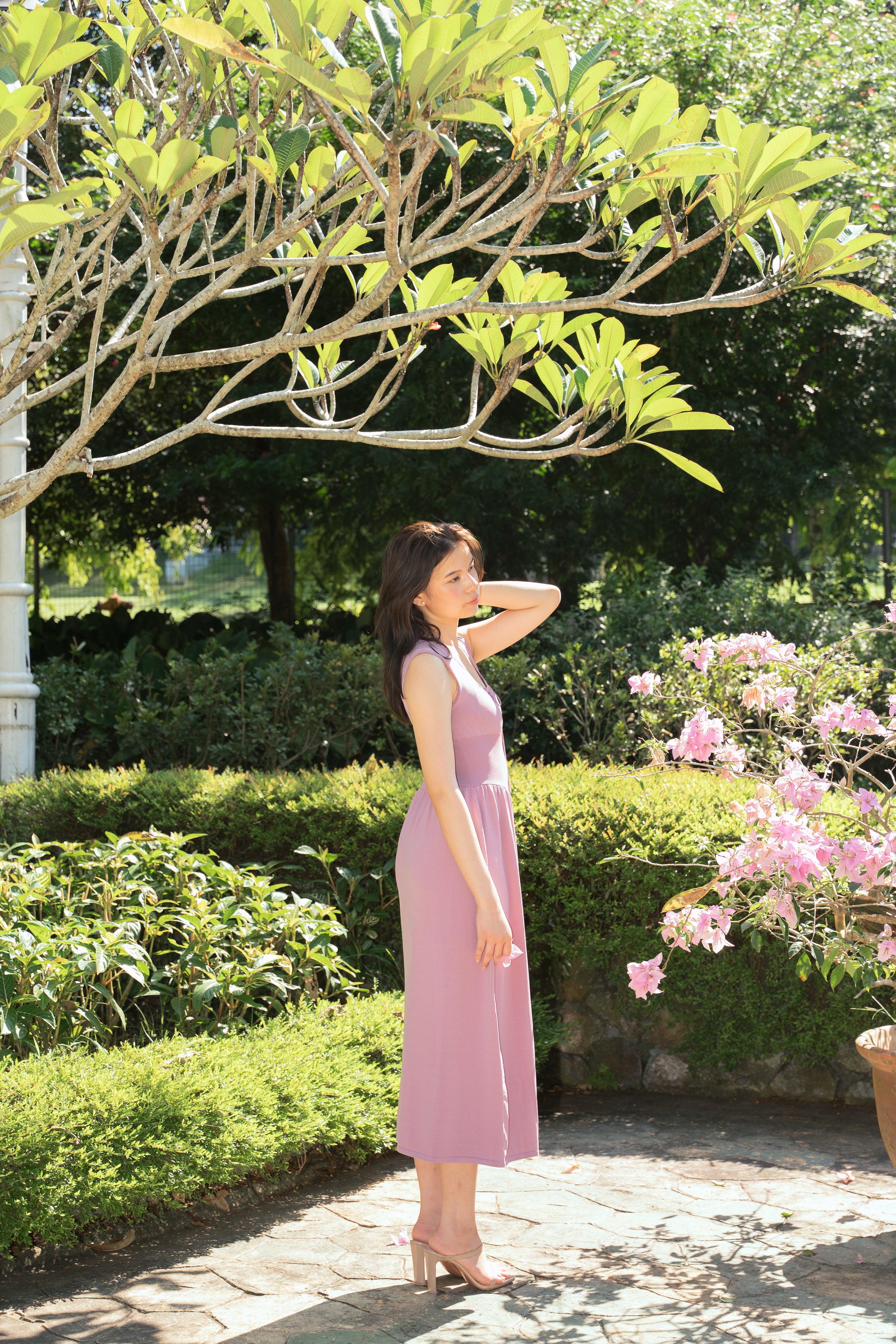 hello ronron | Dorothy Dress Mauve | Square Neck Tie-Detail Cinch-waist Maxi Jersey Knit Dress