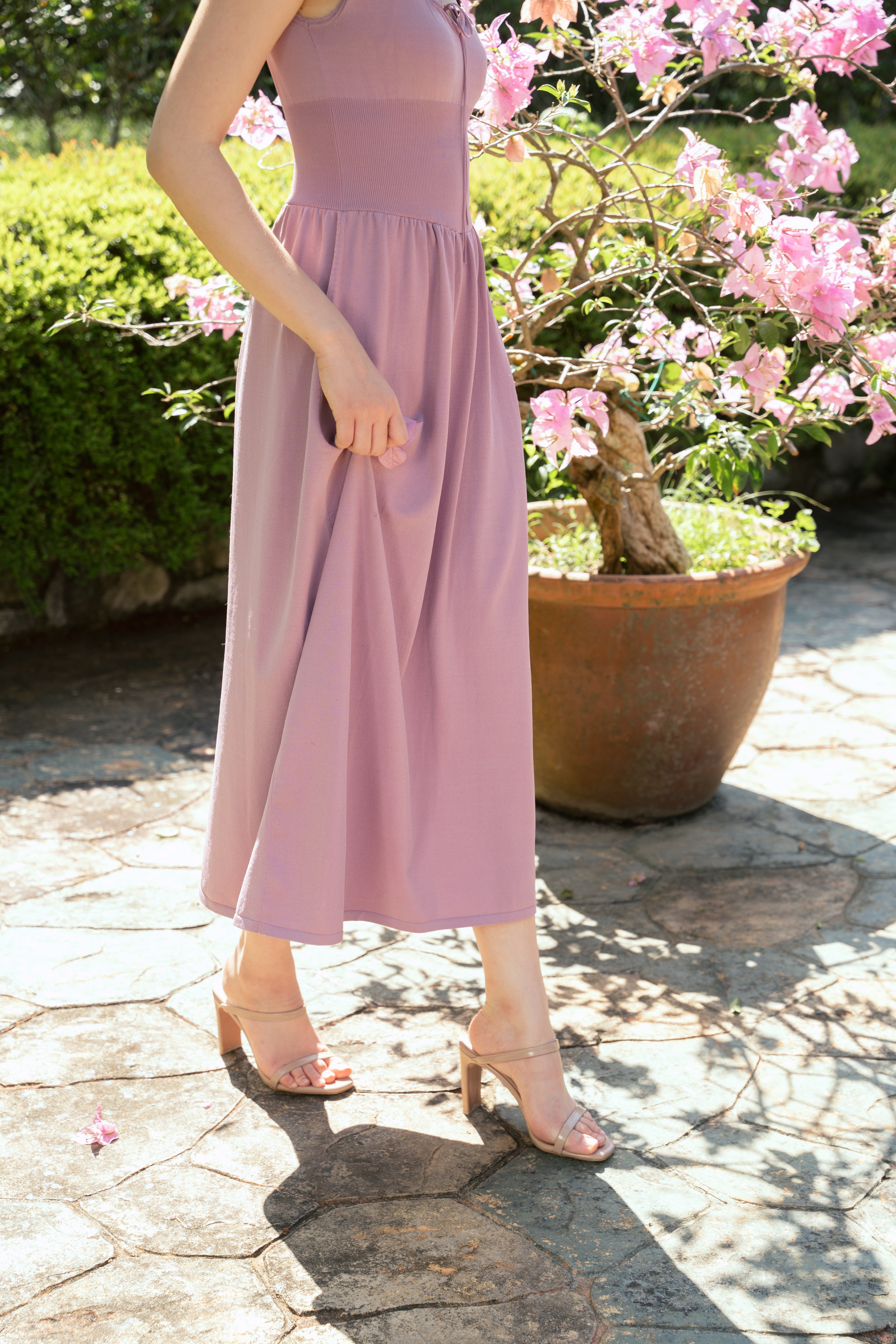 hello ronron | Dorothy Dress Mauve | Square Neck Tie-Detail Cinch-waist Maxi Jersey Knit Dress