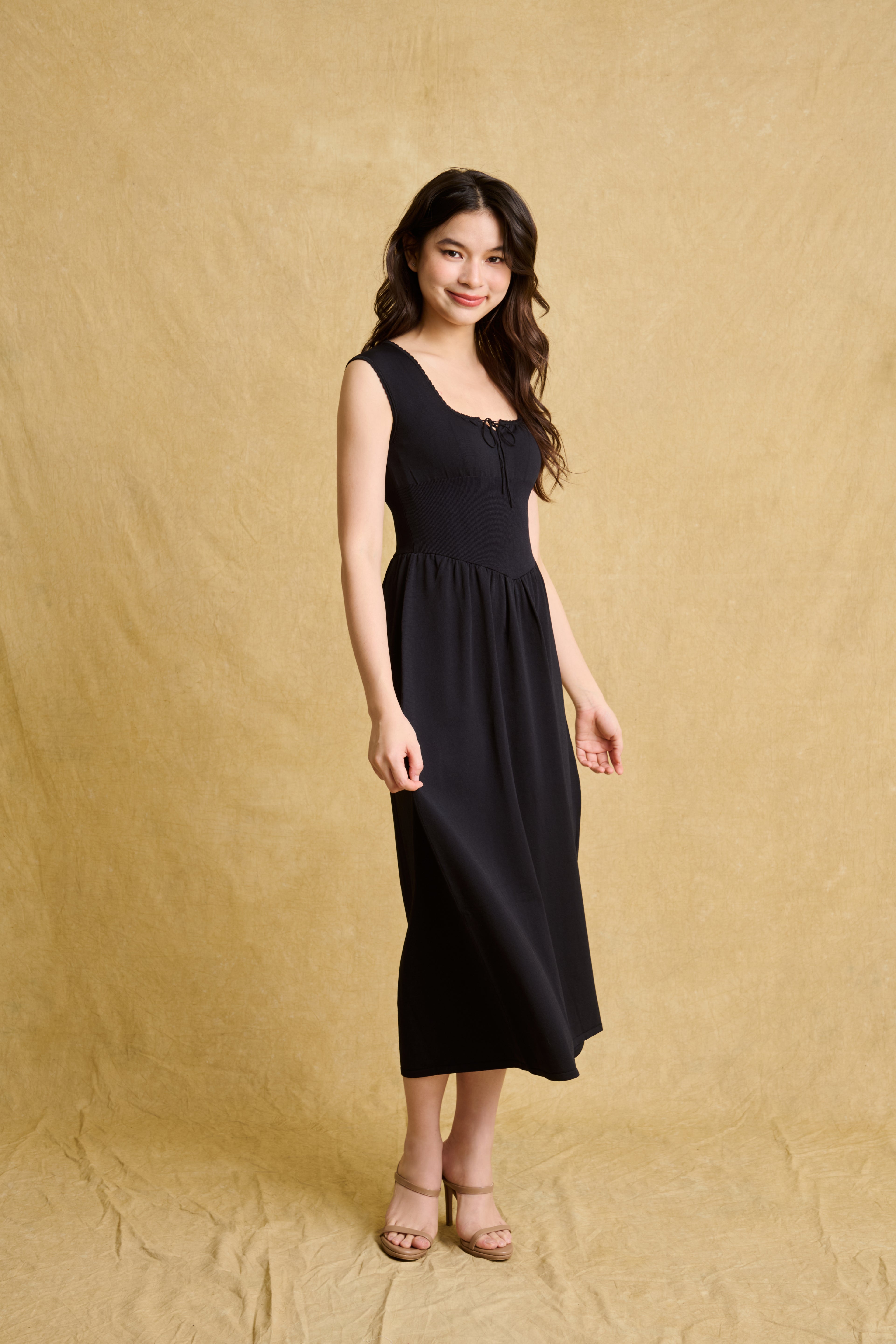 hello ronron | Dorothy Dress Blueberry | Square Neck Tie-Detail Cinch-waist Maxi Jersey Knit Dress