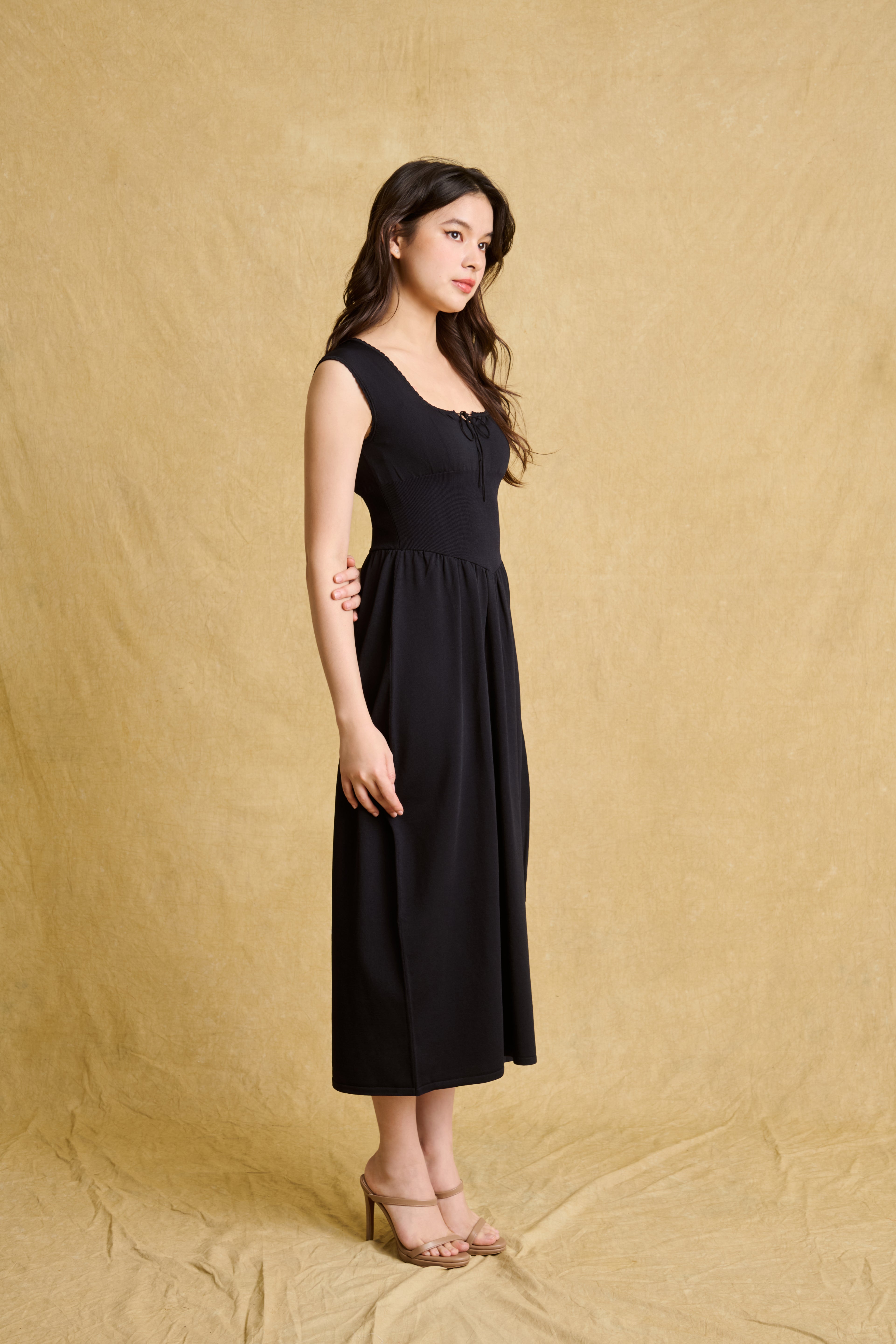 hello ronron | Dorothy Dress Blueberry | Square Neck Tie-Detail Cinch-waist Maxi Jersey Knit Dress