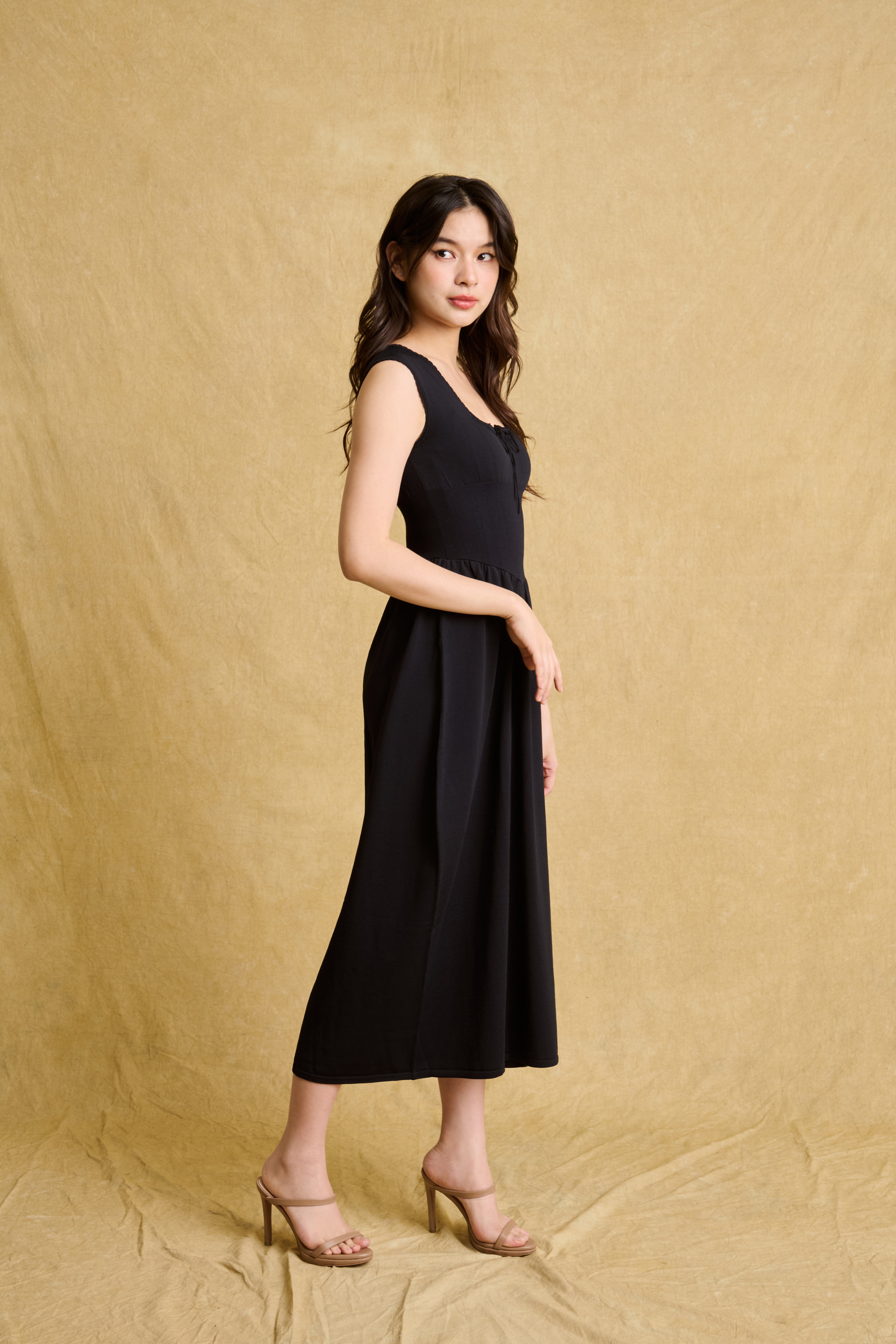 hello ronron | Dorothy Dress Blueberry | Square Neck Tie-Detail Cinch-waist Maxi Jersey Knit Dress