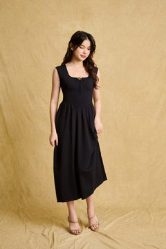 hello ronron | Dorothy Dress Blueberry | Square Neck Tie-Detail Cinch-waist Maxi Jersey Knit Dress