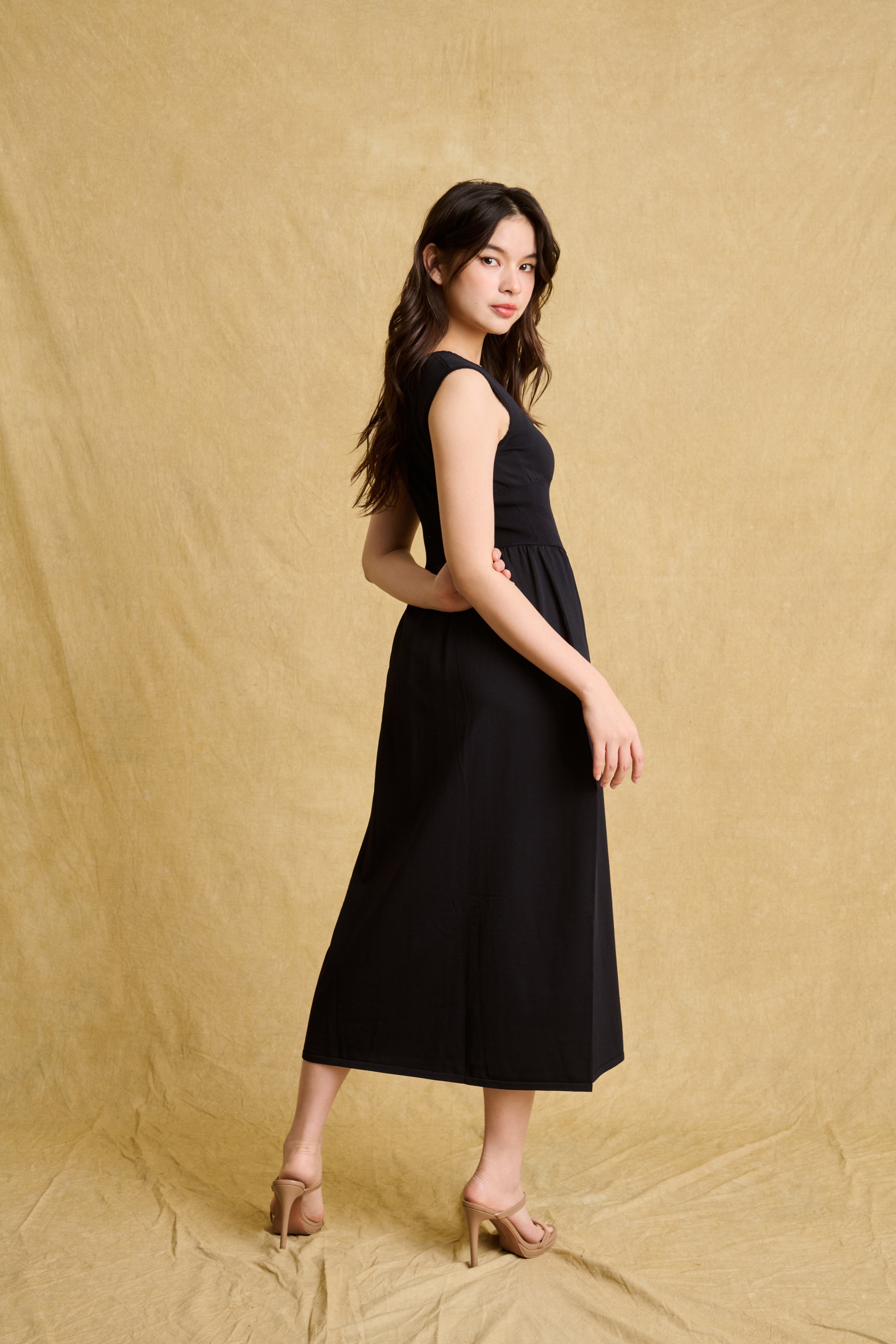 hello ronron | Dorothy Dress Blueberry | Square Neck Tie-Detail Cinch-waist Maxi Jersey Knit Dress