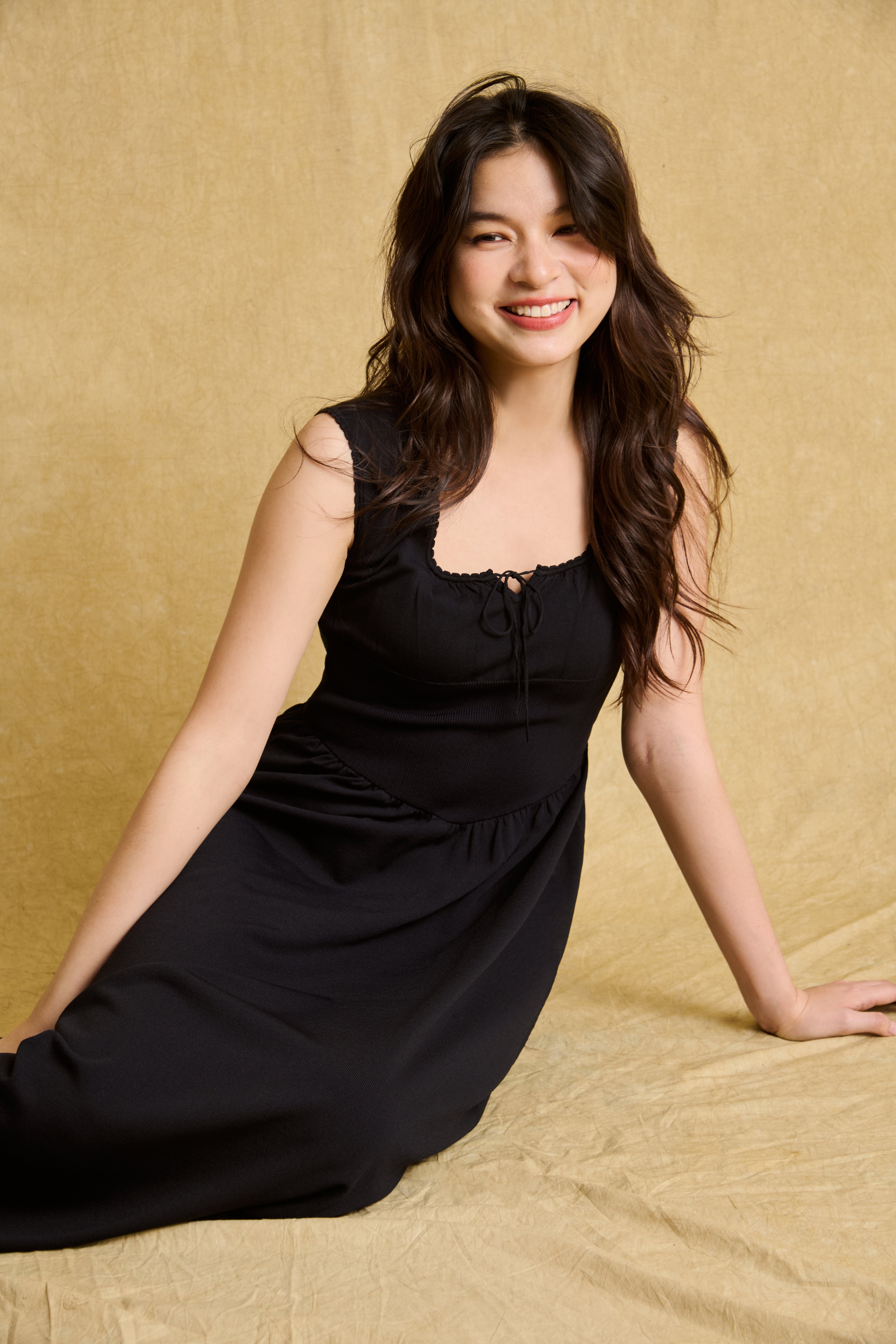 hello ronron | Dorothy Dress Blueberry | Square Neck Tie-Detail Cinch-waist Maxi Jersey Knit Dress