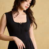 hello ronron | Dorothy Dress Blueberry | Square Neck Tie-Detail Cinch-waist Maxi Jersey Knit Dress